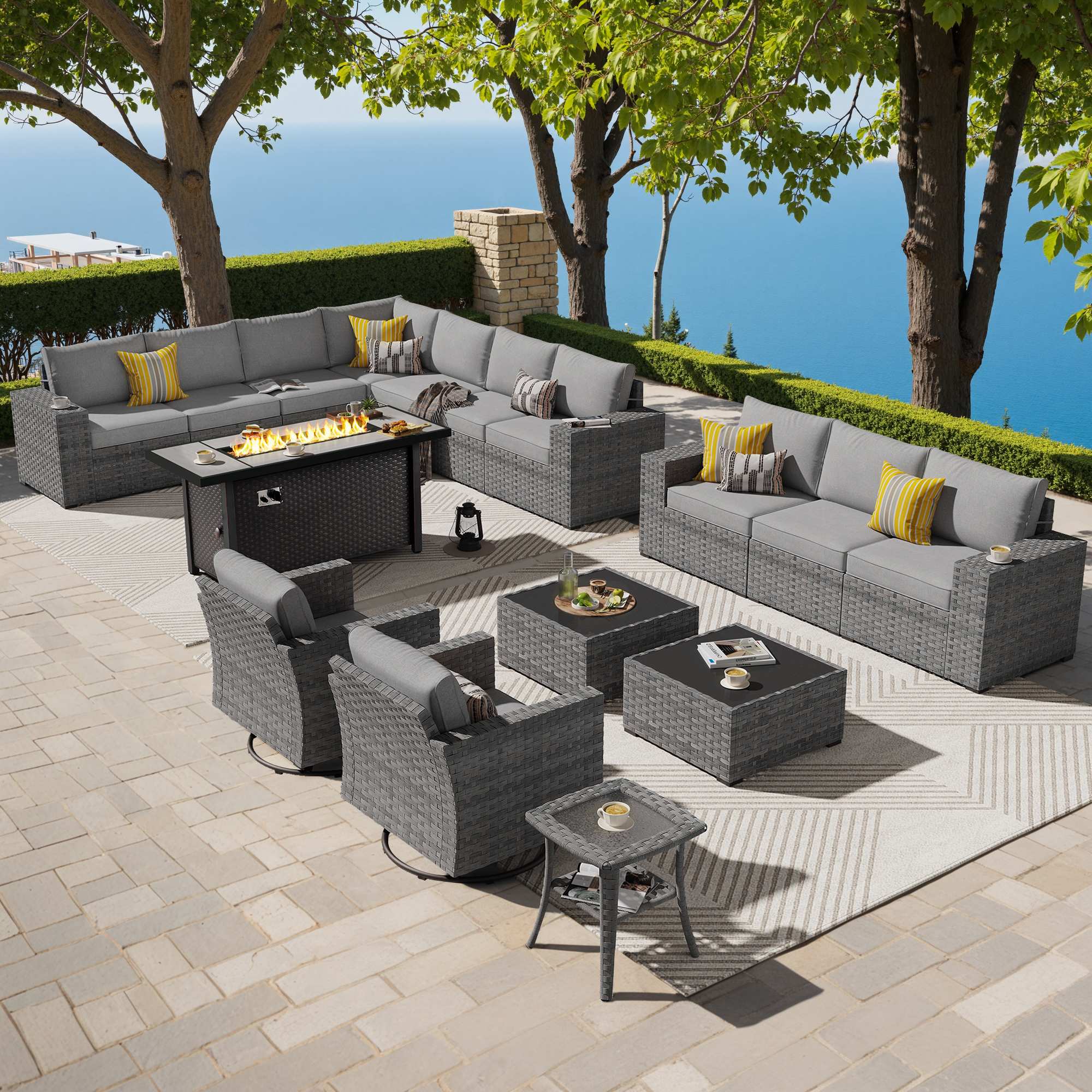 OVIOS Outdoor Patio Furniture Set with Fire Pit Table Wide Armrest Chairs and Rocking Chairs
