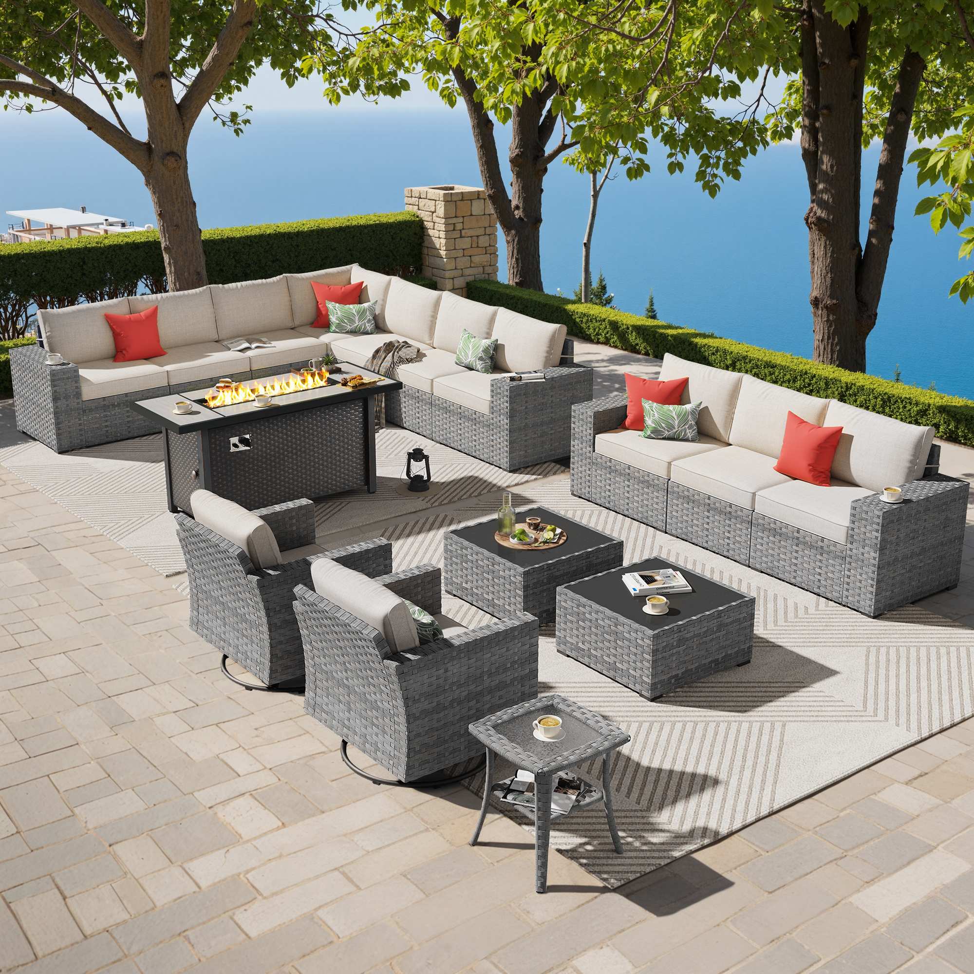 OVIOS Outdoor Patio Furniture Set with Fire Pit Table Wide Armrest Chairs and Rocking Chairs
