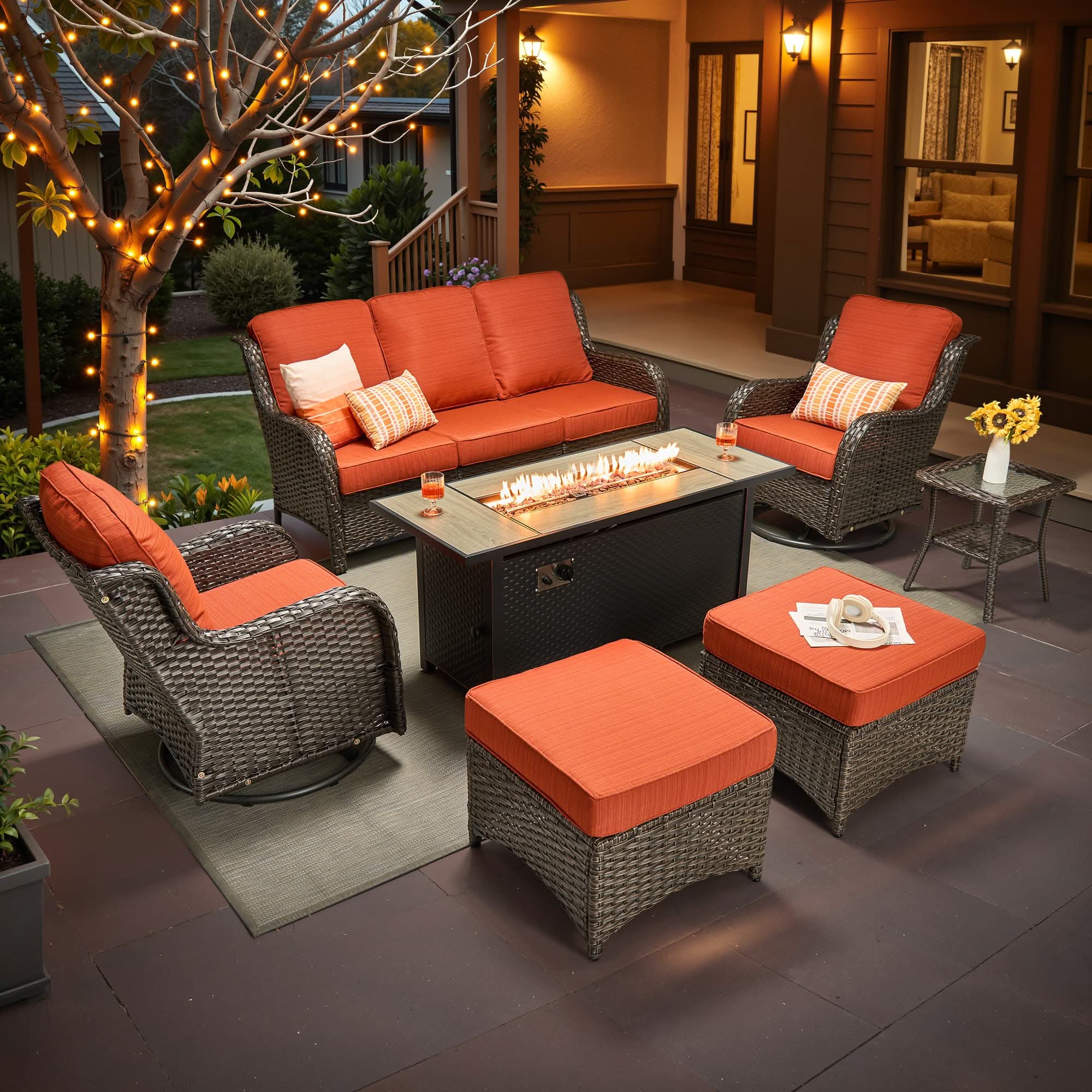 OVIOS Outdoor Wicker Patio Furniture Set with Fire Pit Table