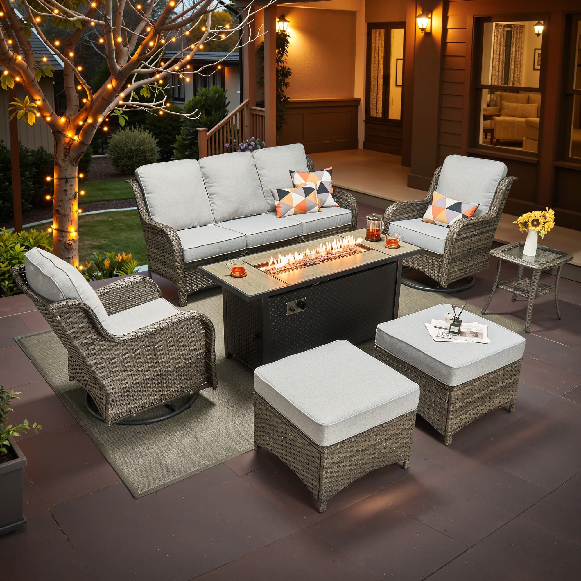 OVIOS Outdoor Wicker Patio Furniture Set with Fire Pit Table
