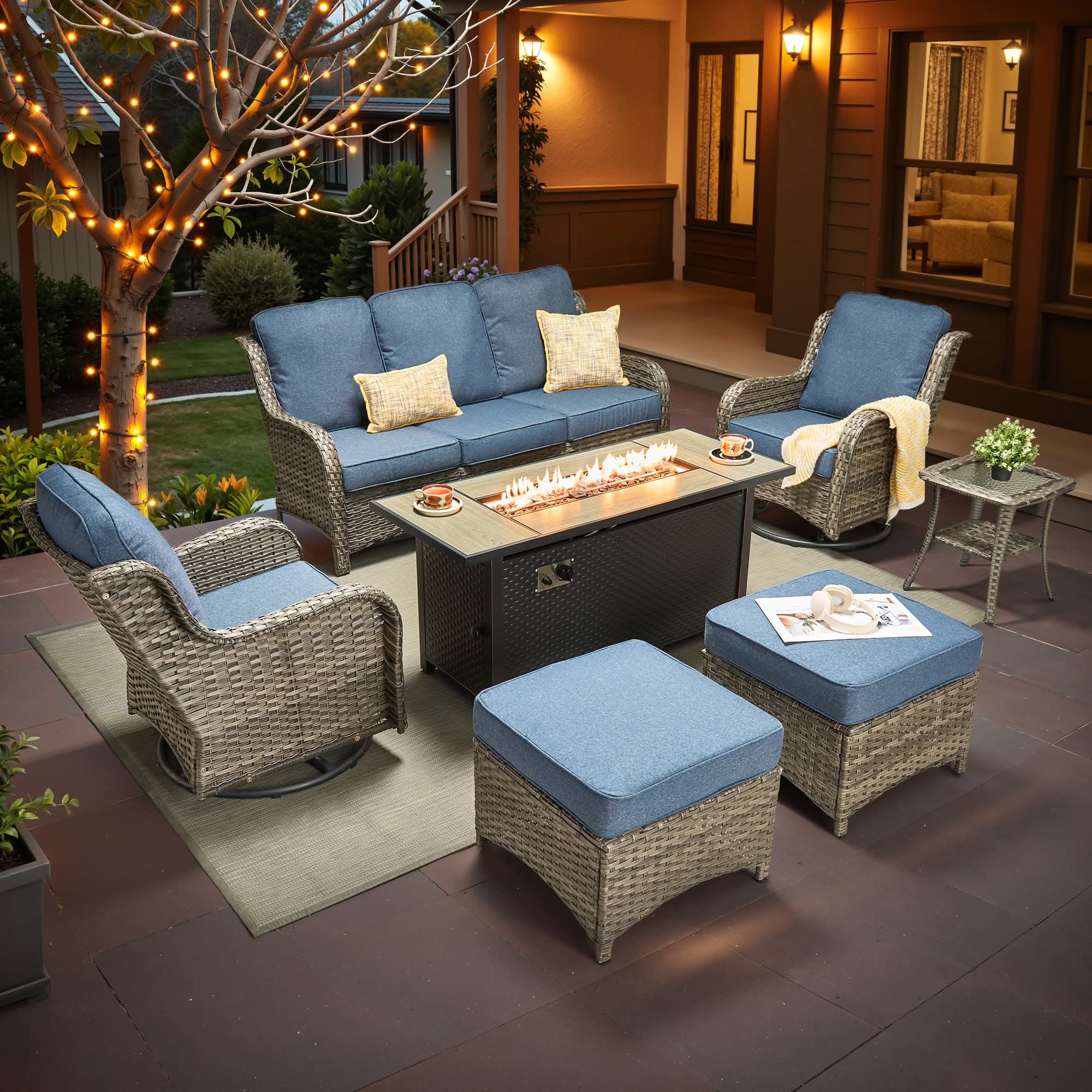 OVIOS Outdoor Wicker Patio Furniture Set with Fire Pit Table