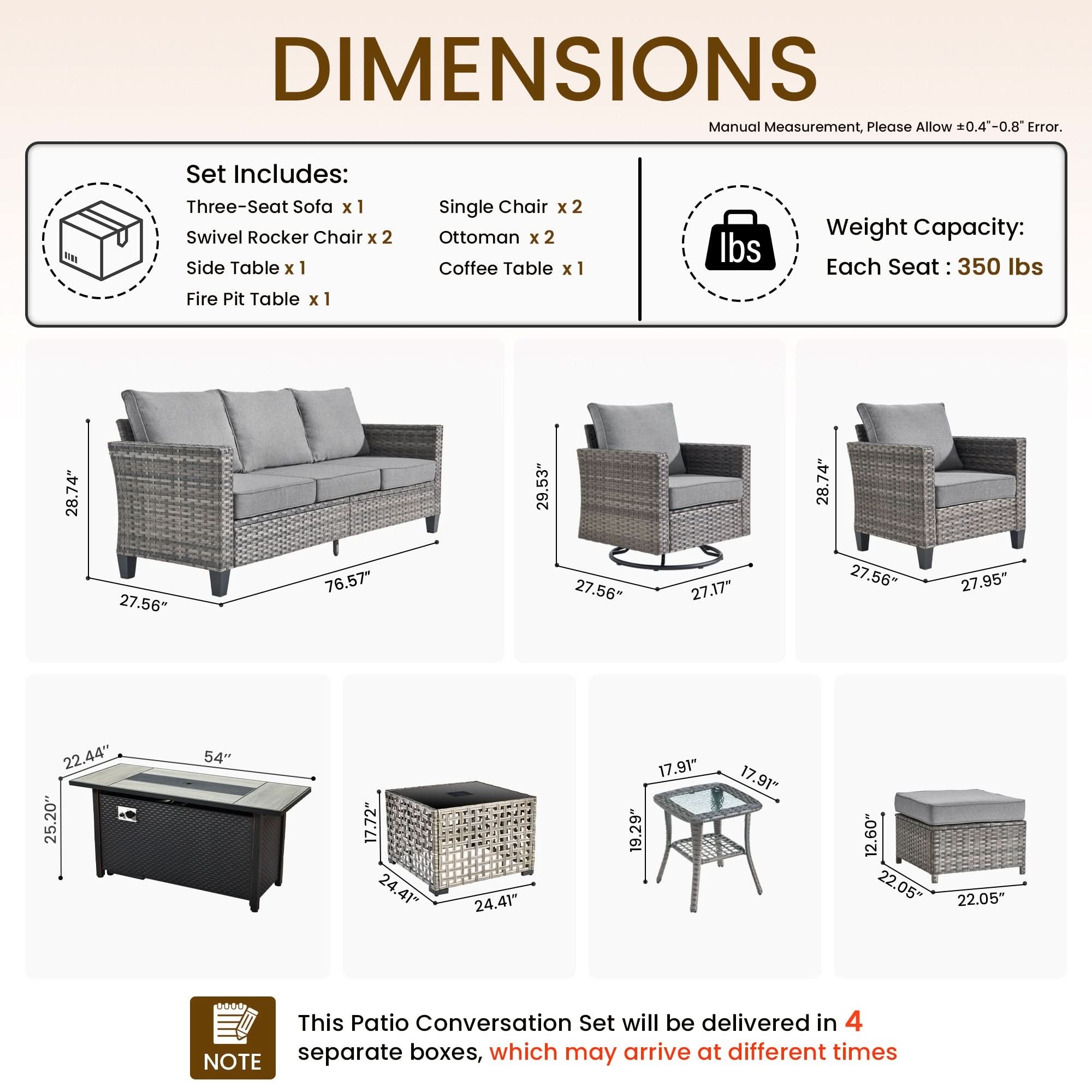 Dark Grey | OVIOS 10-piece patio set dimensions, contents, fire pit & swivel chairs