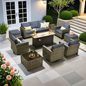 Denim Blue | OVIOS 6-piece wicker outdoor patio conversation set with lit fire pit table