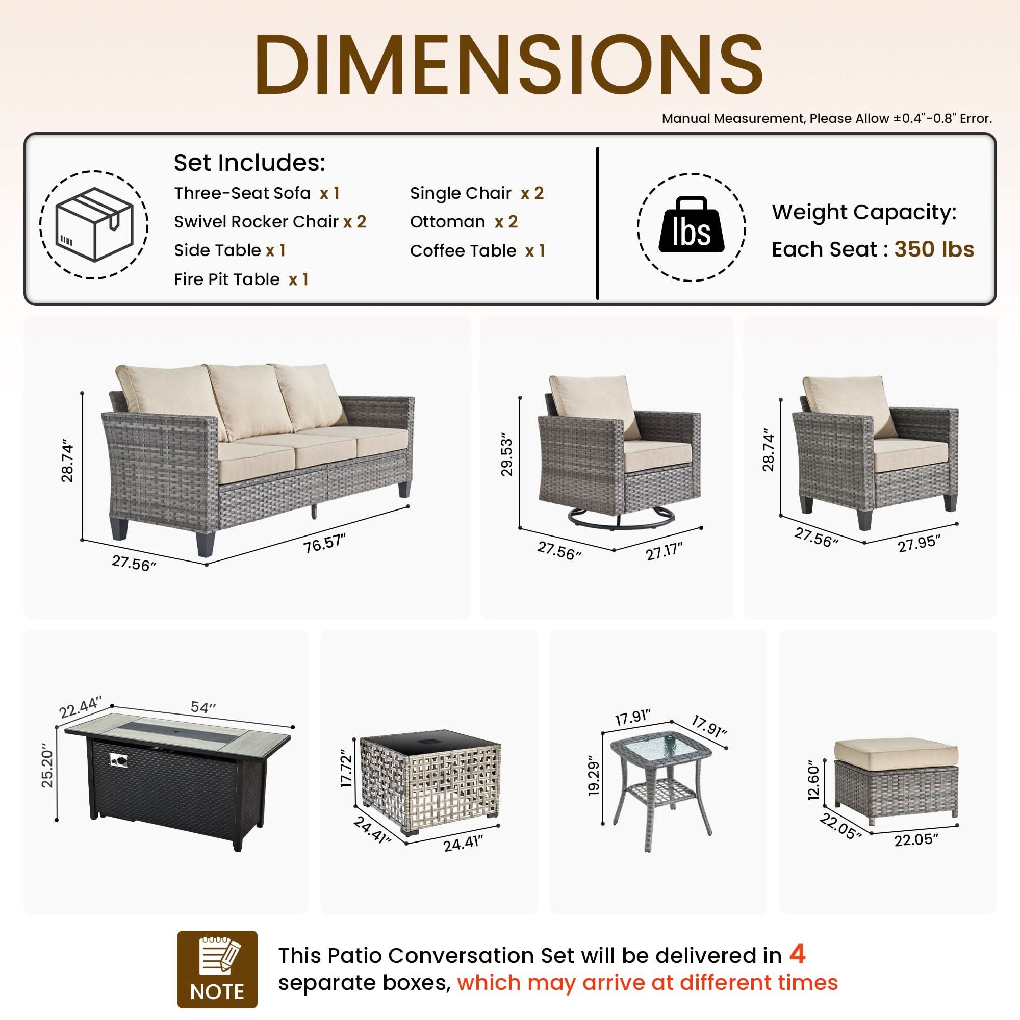 Beige | OVIOS 10-piece patio conversation set: dimensions, components, weight capacity.