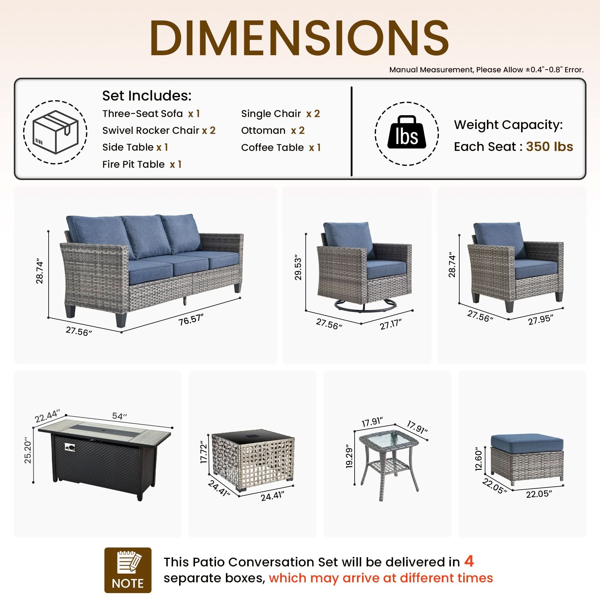 Denim Blue | OVIOS 10-piece rattan patio set dimensions: Sofa, swivel chairs, fire pit table.