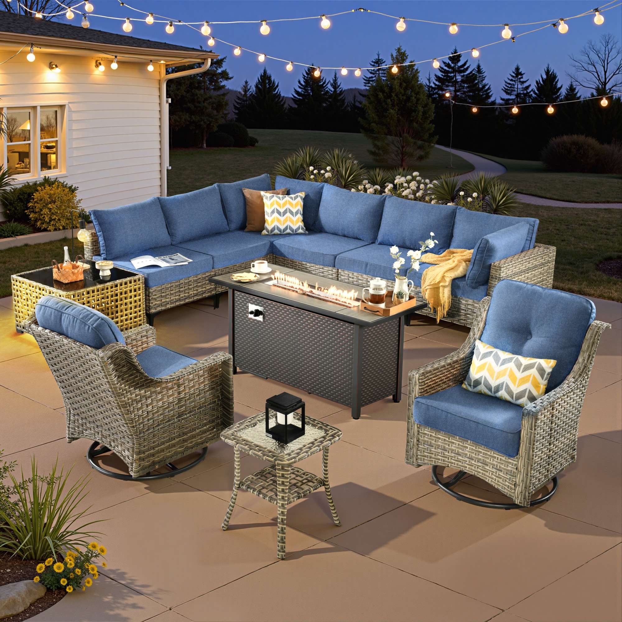 OVIOS Wicker Patio Sectional Conversation Set with Fire Pit Table & Swivel Chairs