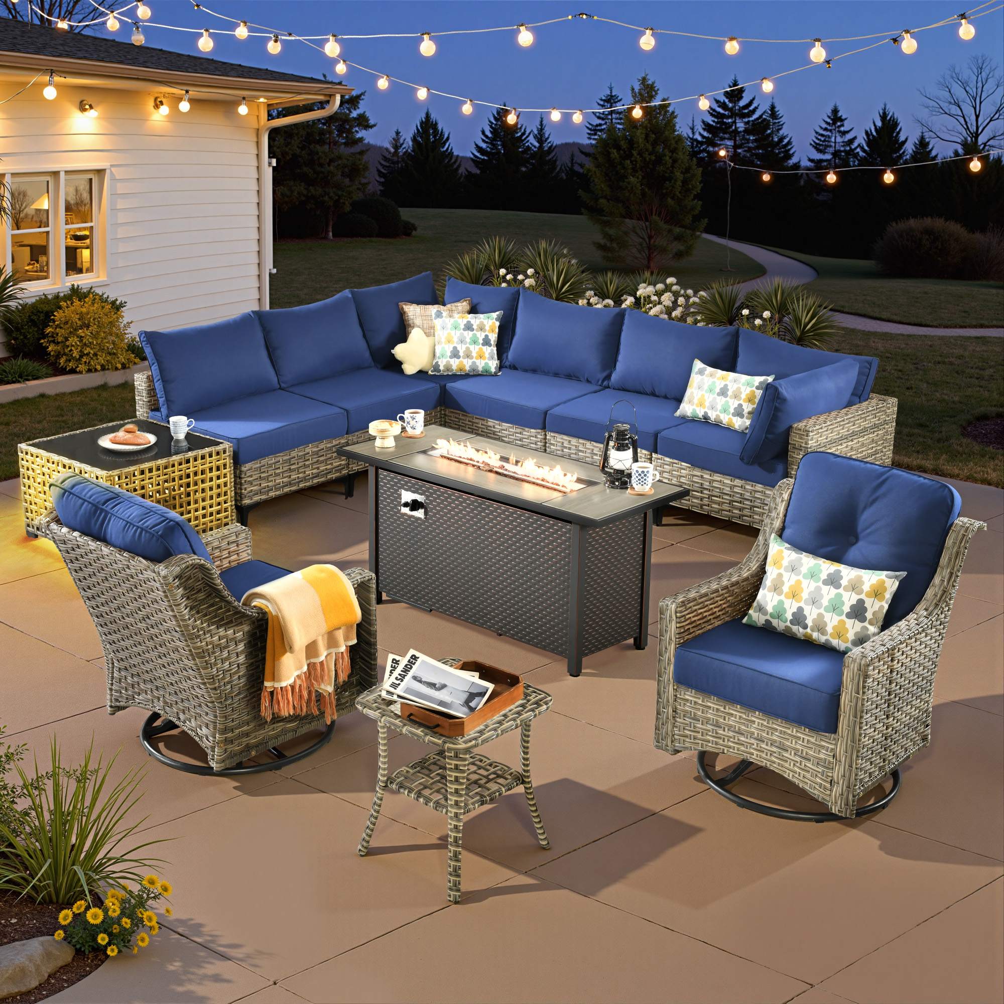 OVIOS Wicker Patio Sectional Conversation Set with Fire Pit Table & Swivel Chairs