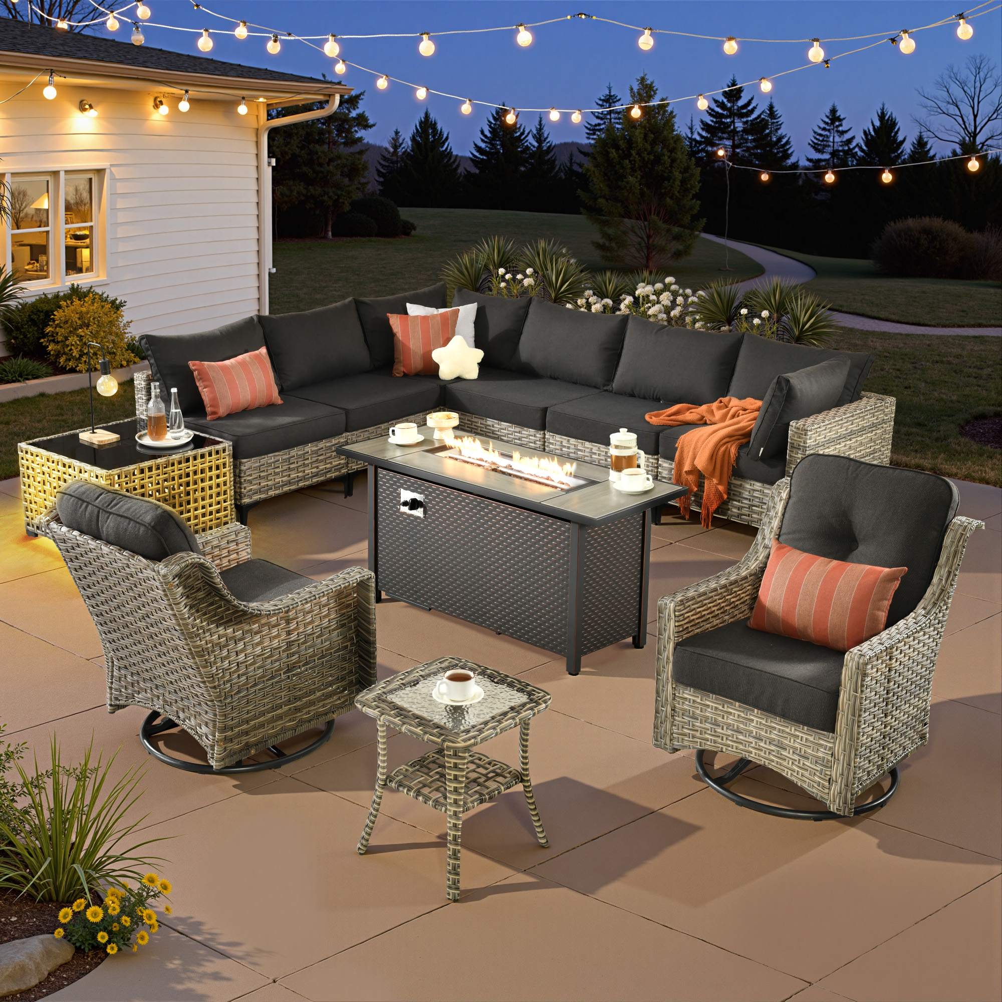 OVIOS Wicker Patio Sectional Conversation Set with Fire Pit Table & Swivel Chairs
