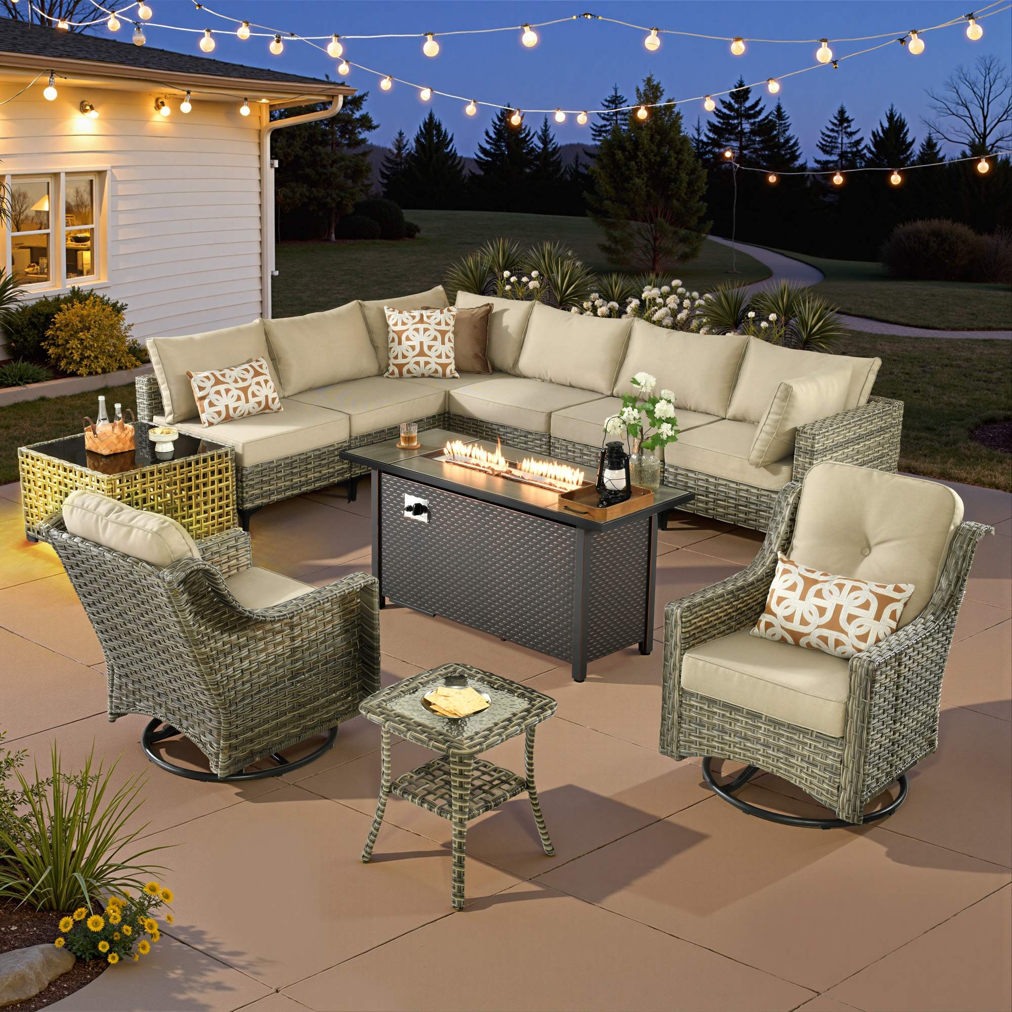 OVIOS Wicker Patio Sectional Conversation Set with Fire Pit Table & Swivel Chairs