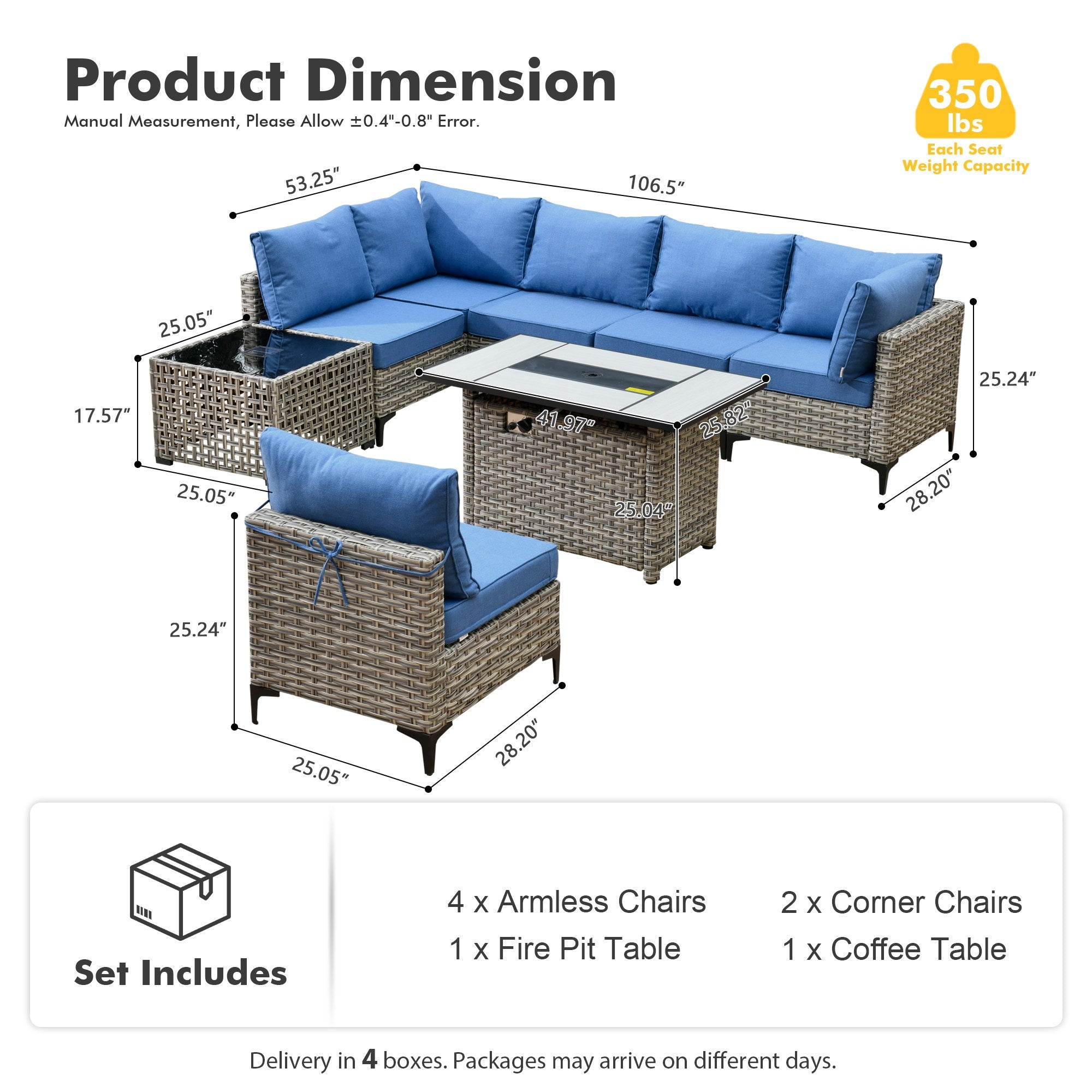 OVIOS Modular Wicker Patio Furniture Set with Fire Pit Table & Coffee Table