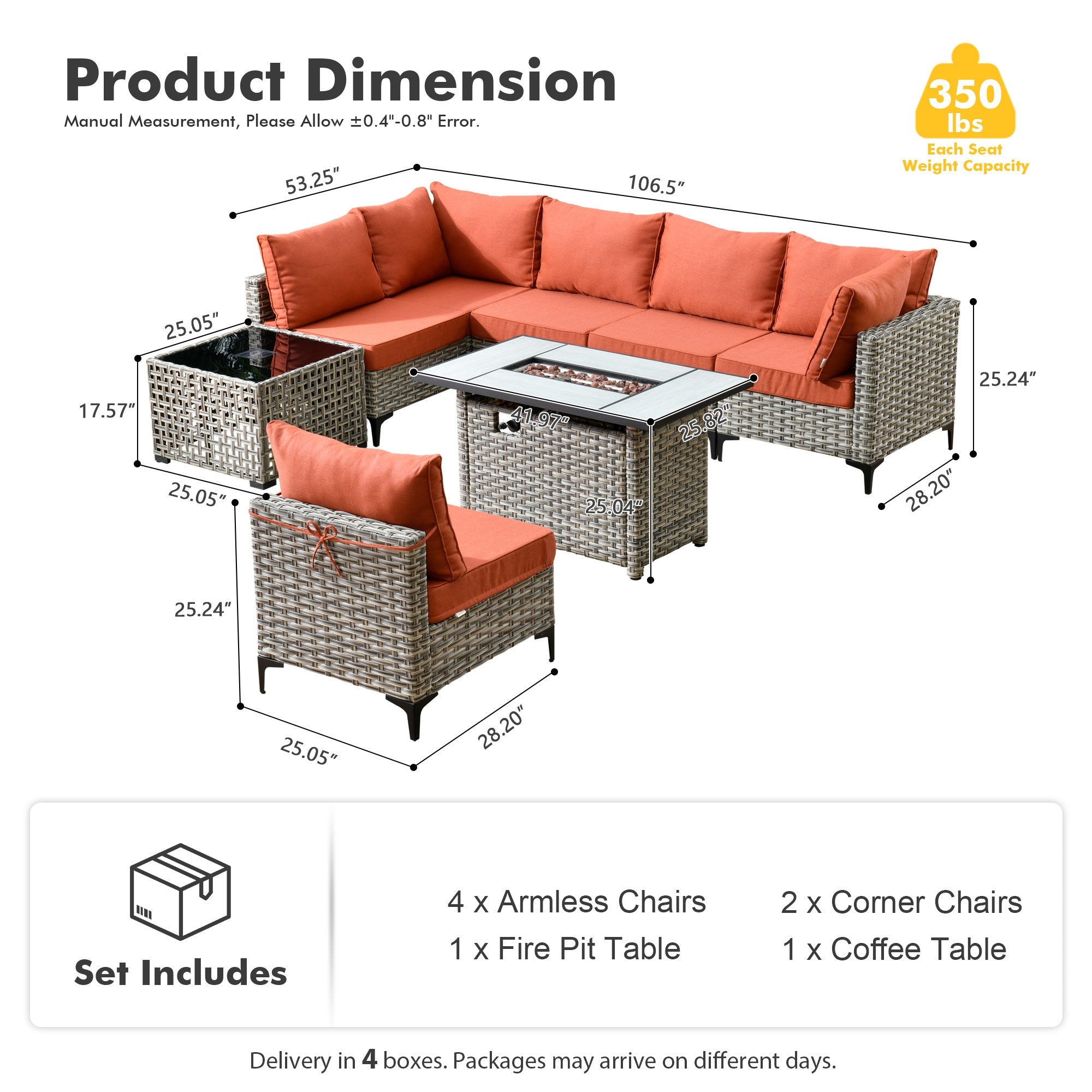 OVIOS Modular Wicker Patio Furniture Set with Fire Pit Table & Coffee Table