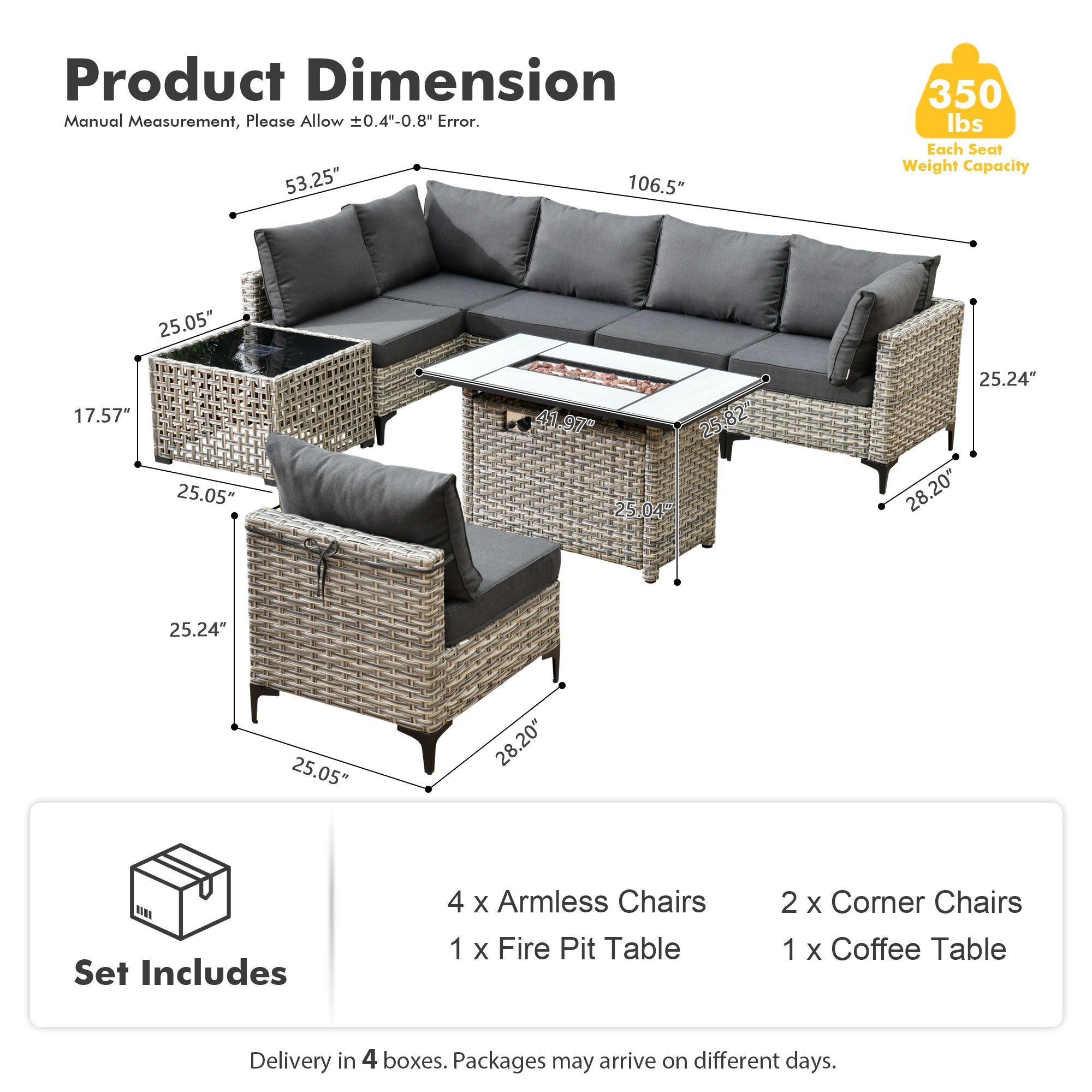OVIOS Modular Wicker Patio Furniture Set with Fire Pit Table & Coffee Table