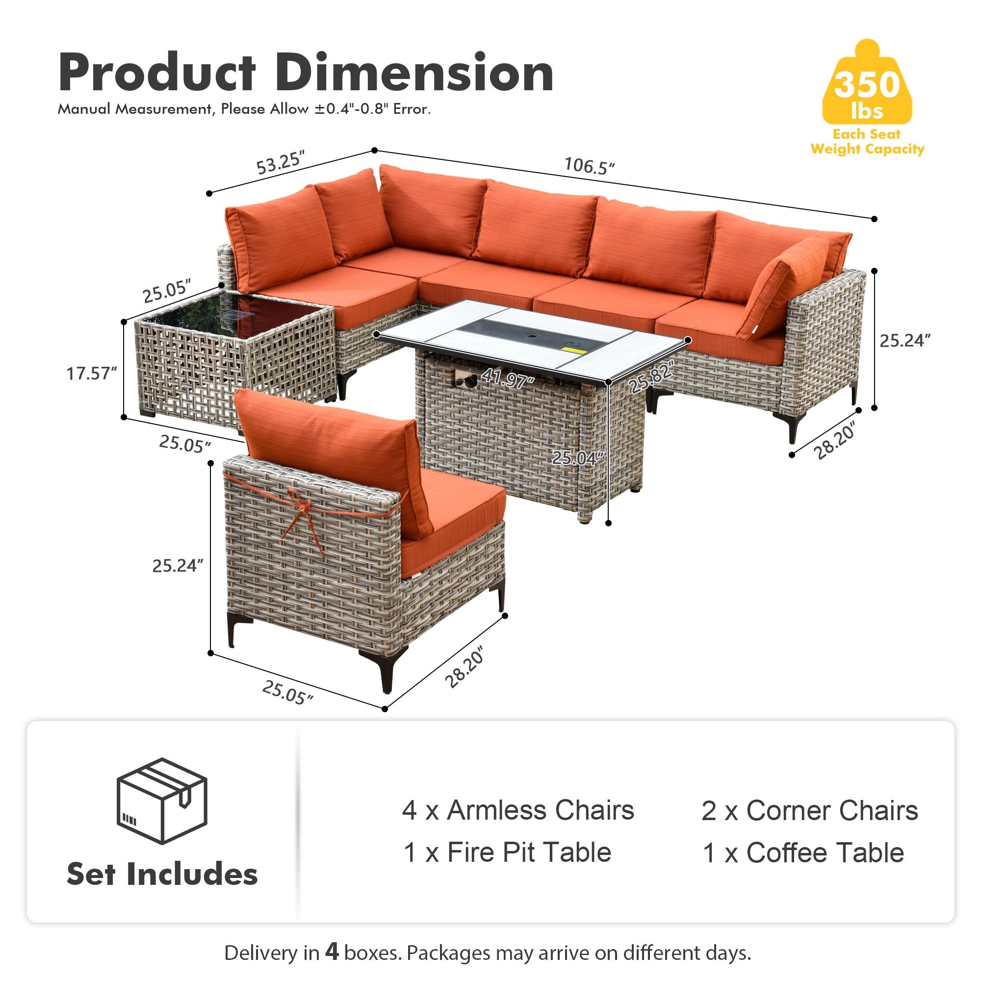 OVIOS Modular Wicker Patio Furniture Set with Fire Pit Table & Coffee Table