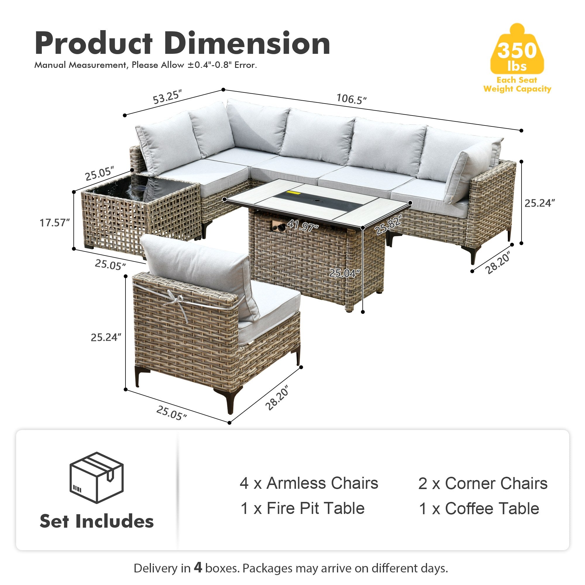 OVIOS Modular Wicker Patio Furniture Set with Fire Pit Table & Coffee Table