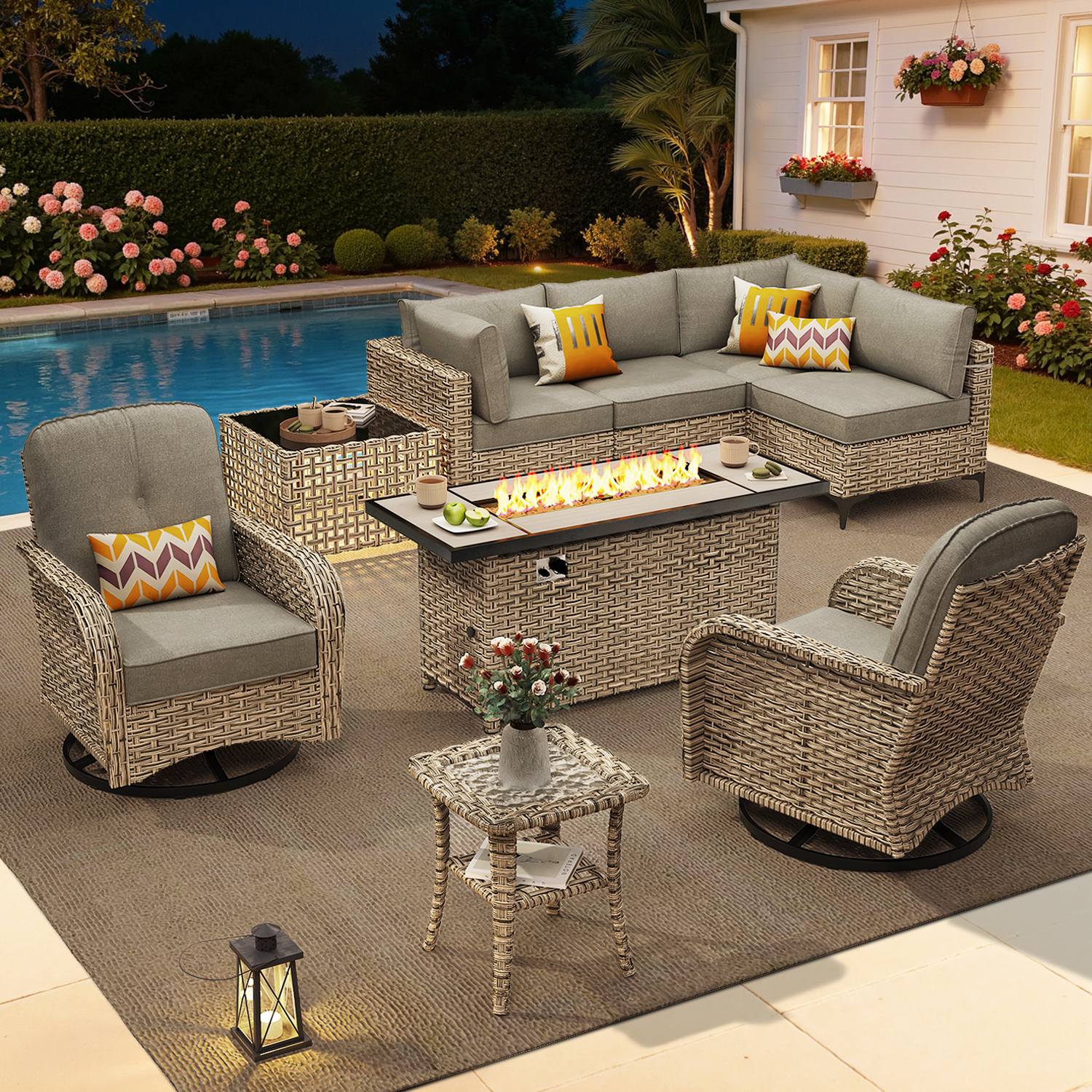 OVIOS All-Weather Patio Furniture Set with Swivel Rocking Chairs & Fire Table