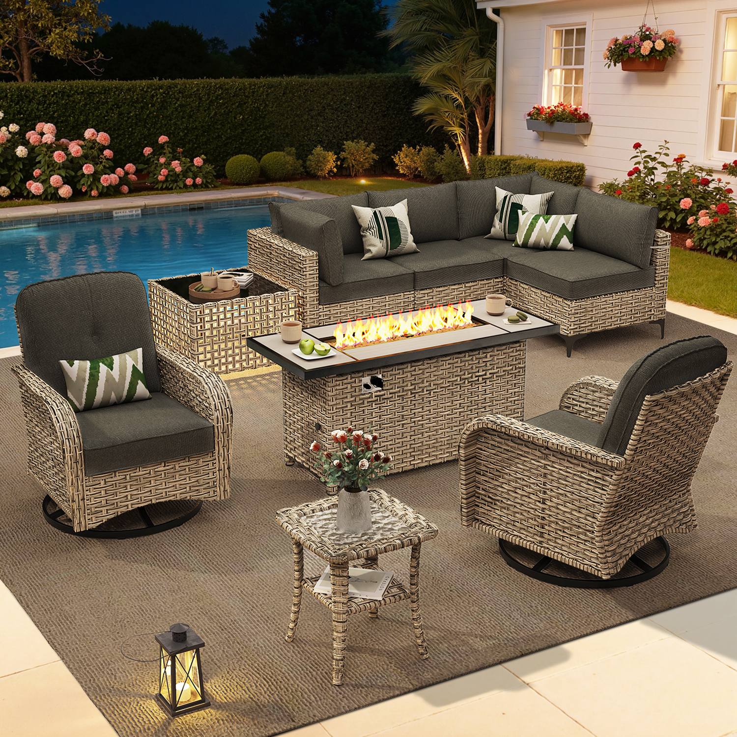 OVIOS All-Weather Patio Furniture Set with Swivel Rocking Chairs & Fire Table