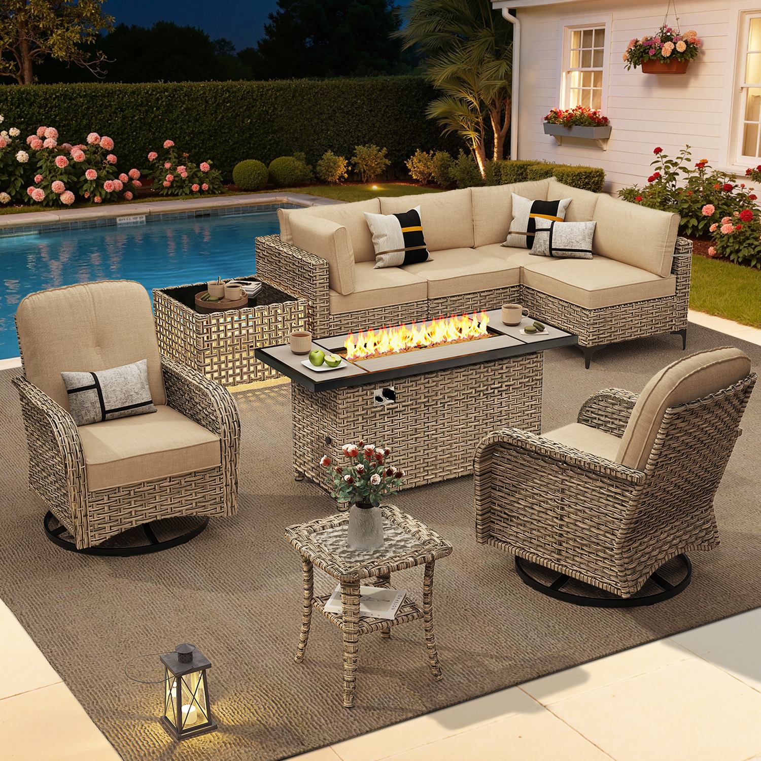 OVIOS All-Weather Patio Furniture Set with Swivel Rocking Chairs & Fire Table