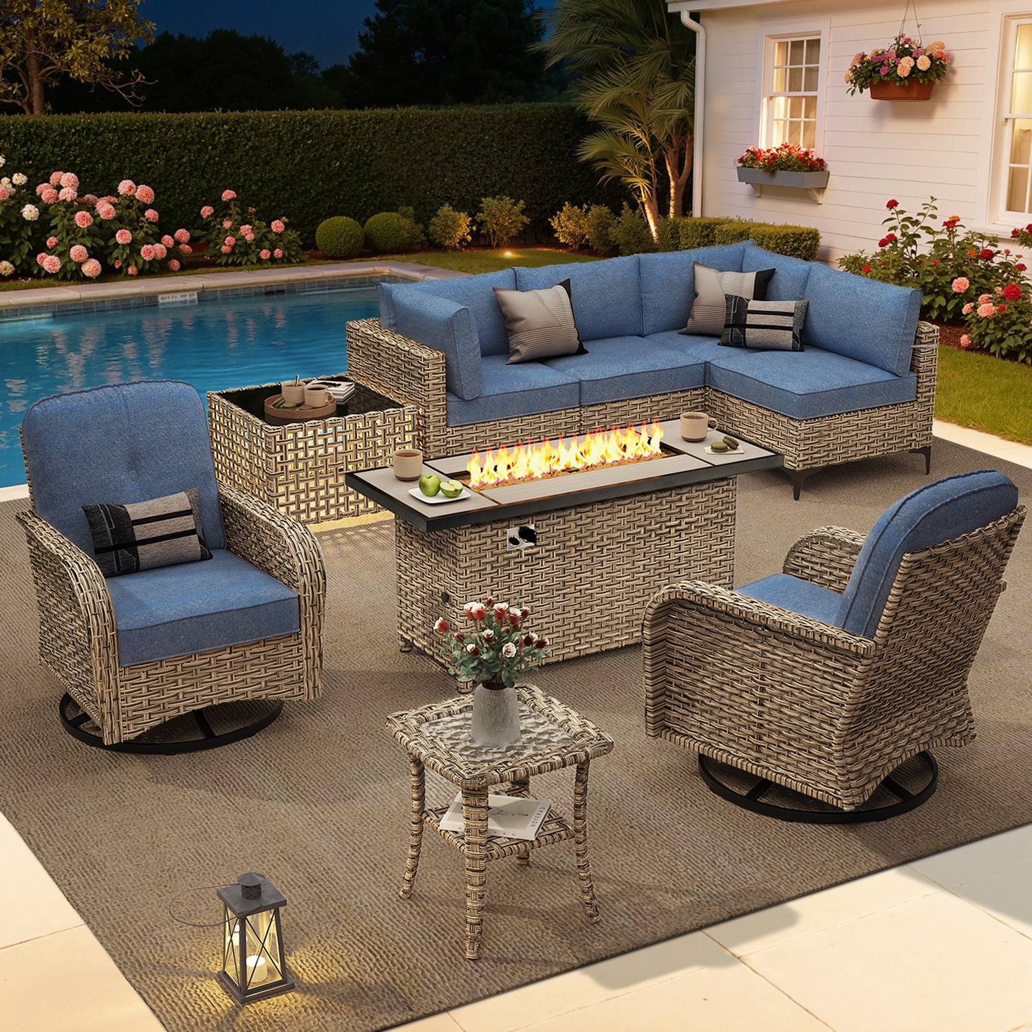 OVIOS All-Weather Patio Furniture Set with Swivel Rocking Chairs & Fire Table