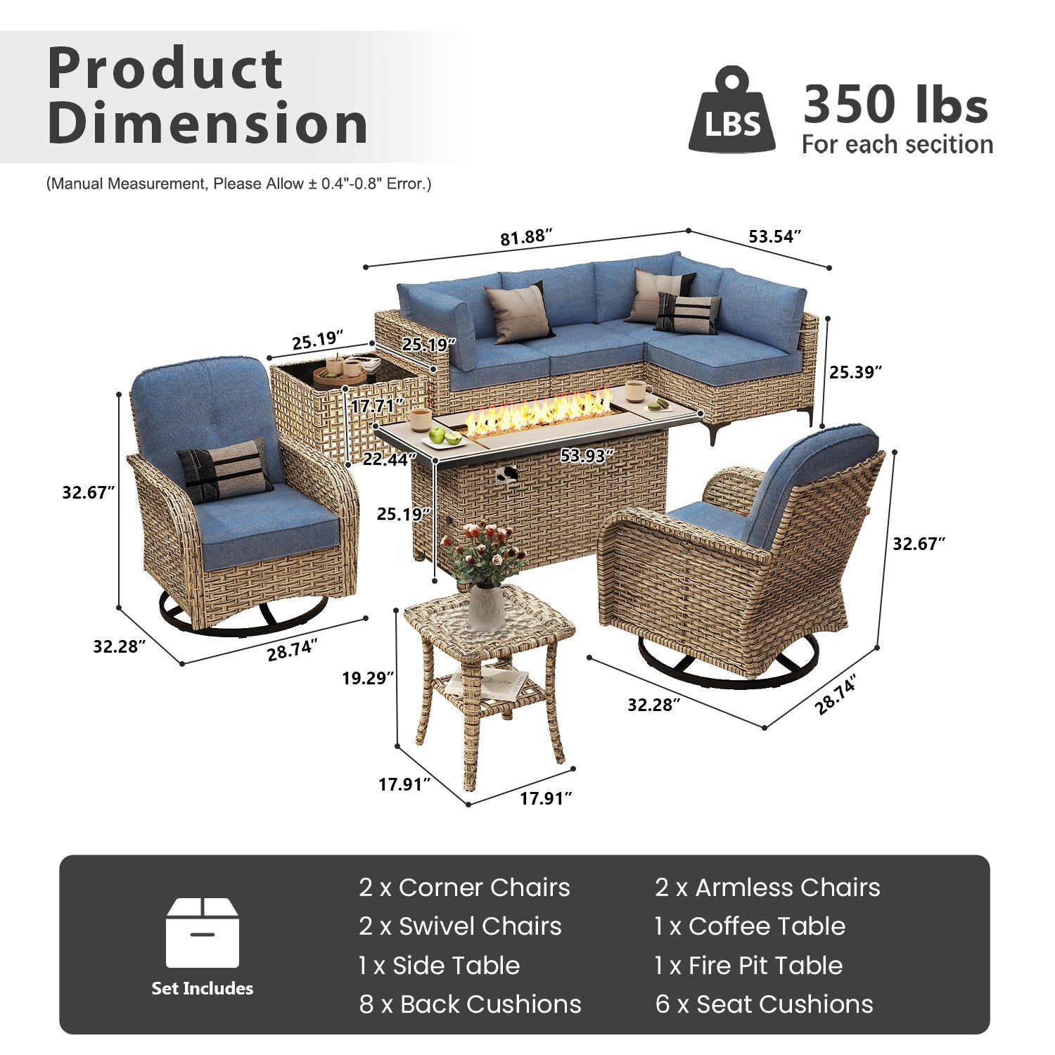 OVIOS All-Weather Patio Furniture Set with Swivel Rocking Chairs & Fire Table