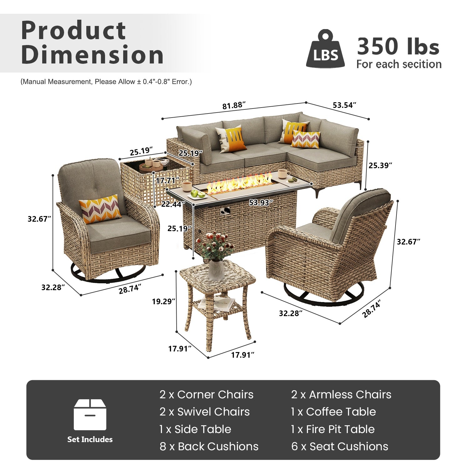 OVIOS All-Weather Patio Furniture Set with Swivel Rocking Chairs & Fire Table