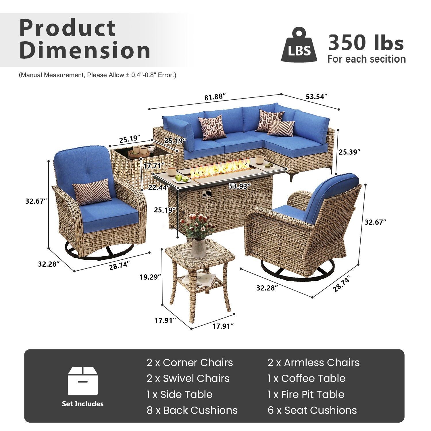 OVIOS All-Weather Patio Furniture Set with Swivel Rocking Chairs & Fire Table