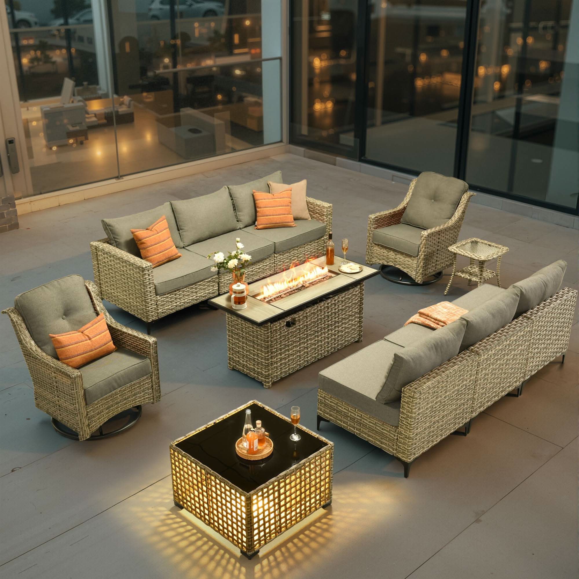 OVIOS Wicker Patio Conversation Set with Fire Pit Table