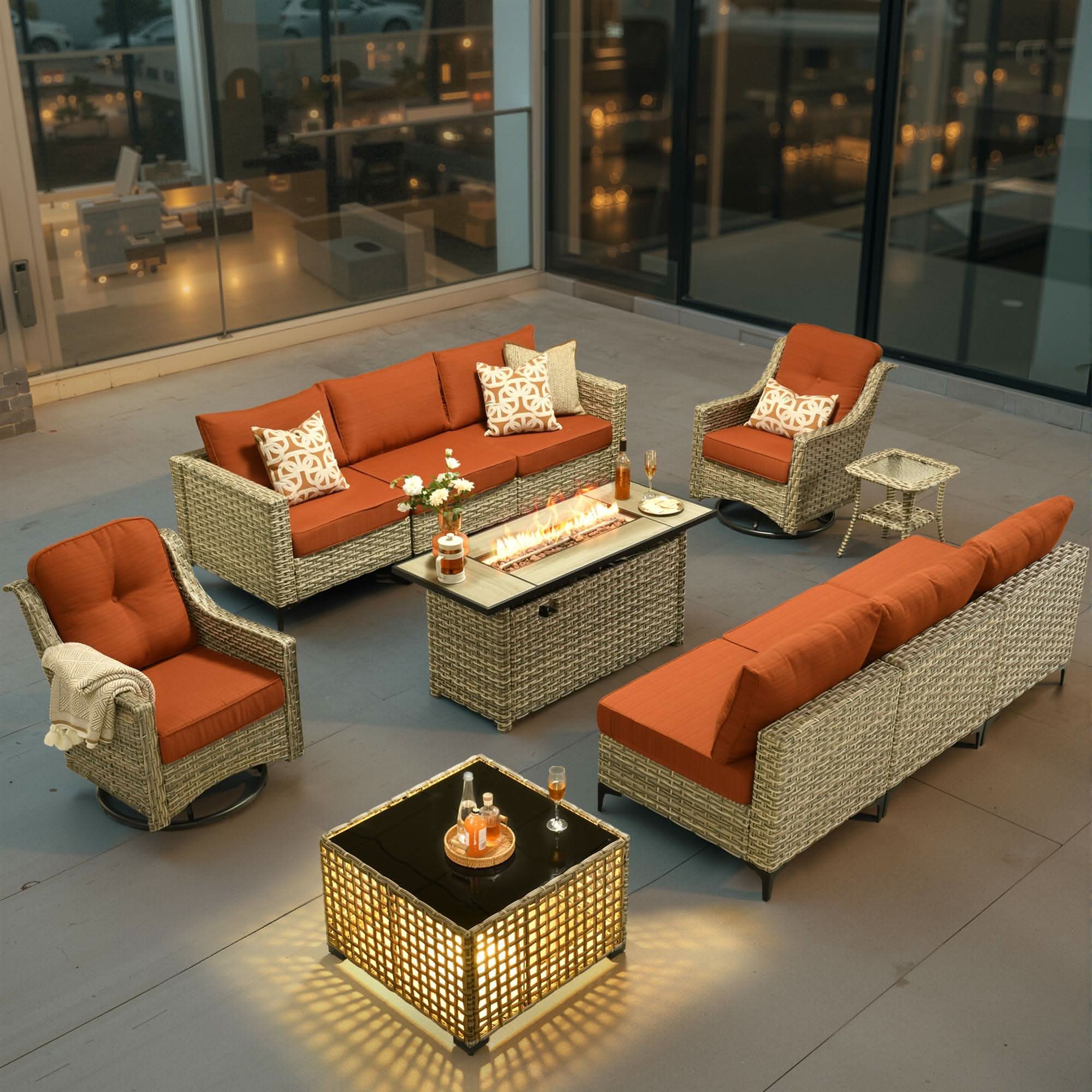 OVIOS Wicker Patio Conversation Set with Fire Pit Table