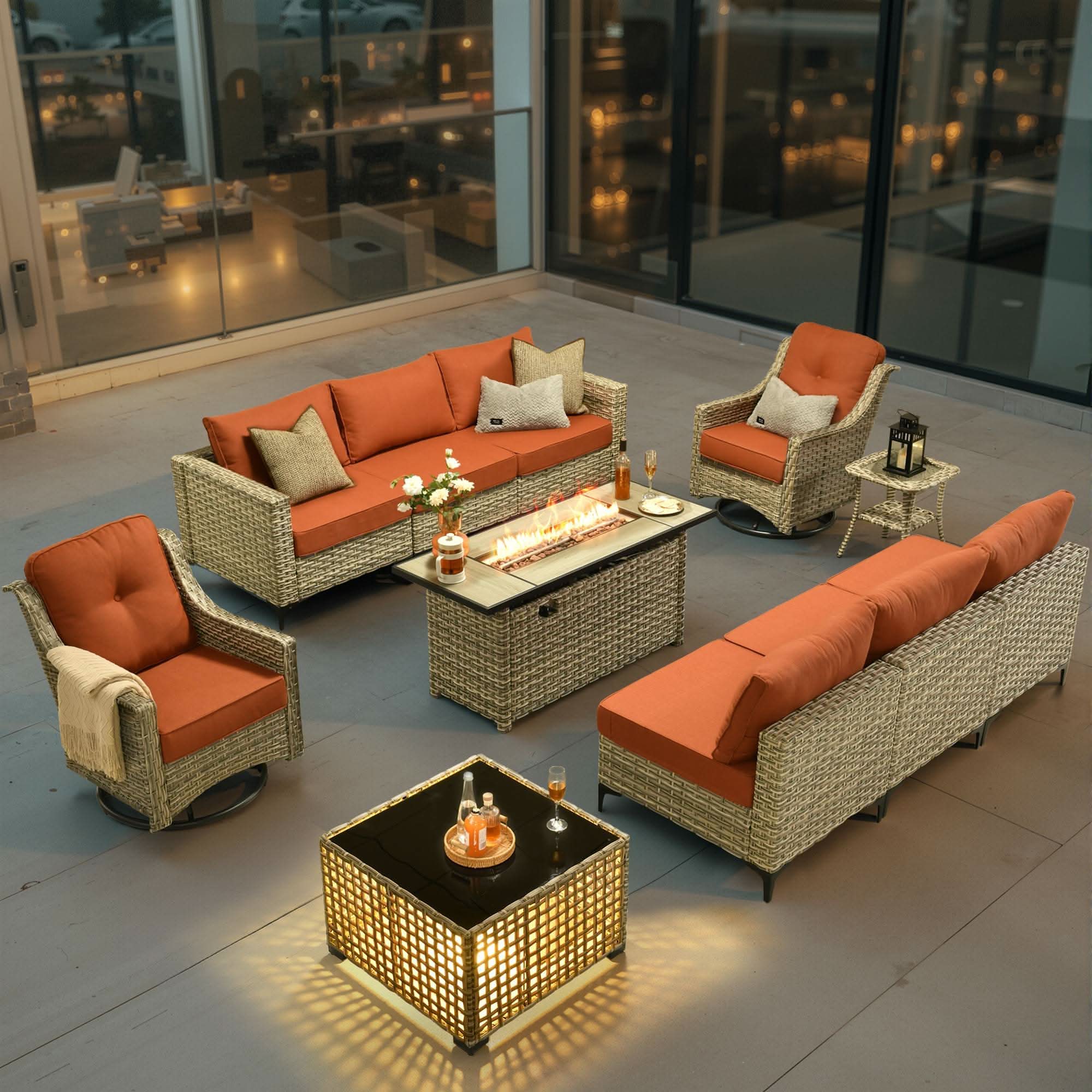 OVIOS Wicker Patio Conversation Set with Fire Pit Table