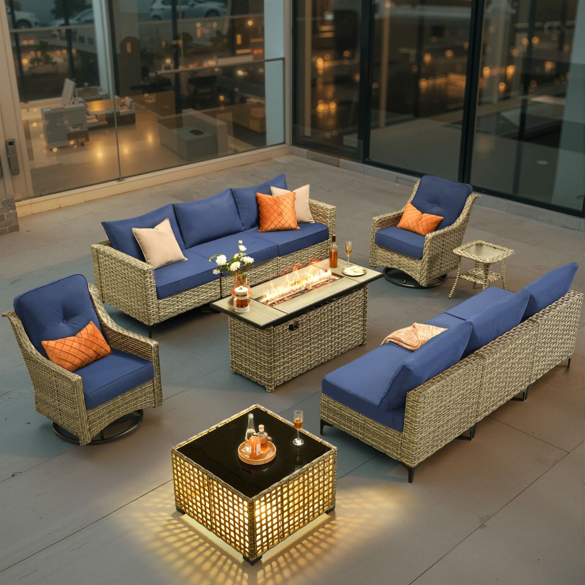 OVIOS Wicker Patio Conversation Set with Fire Pit Table
