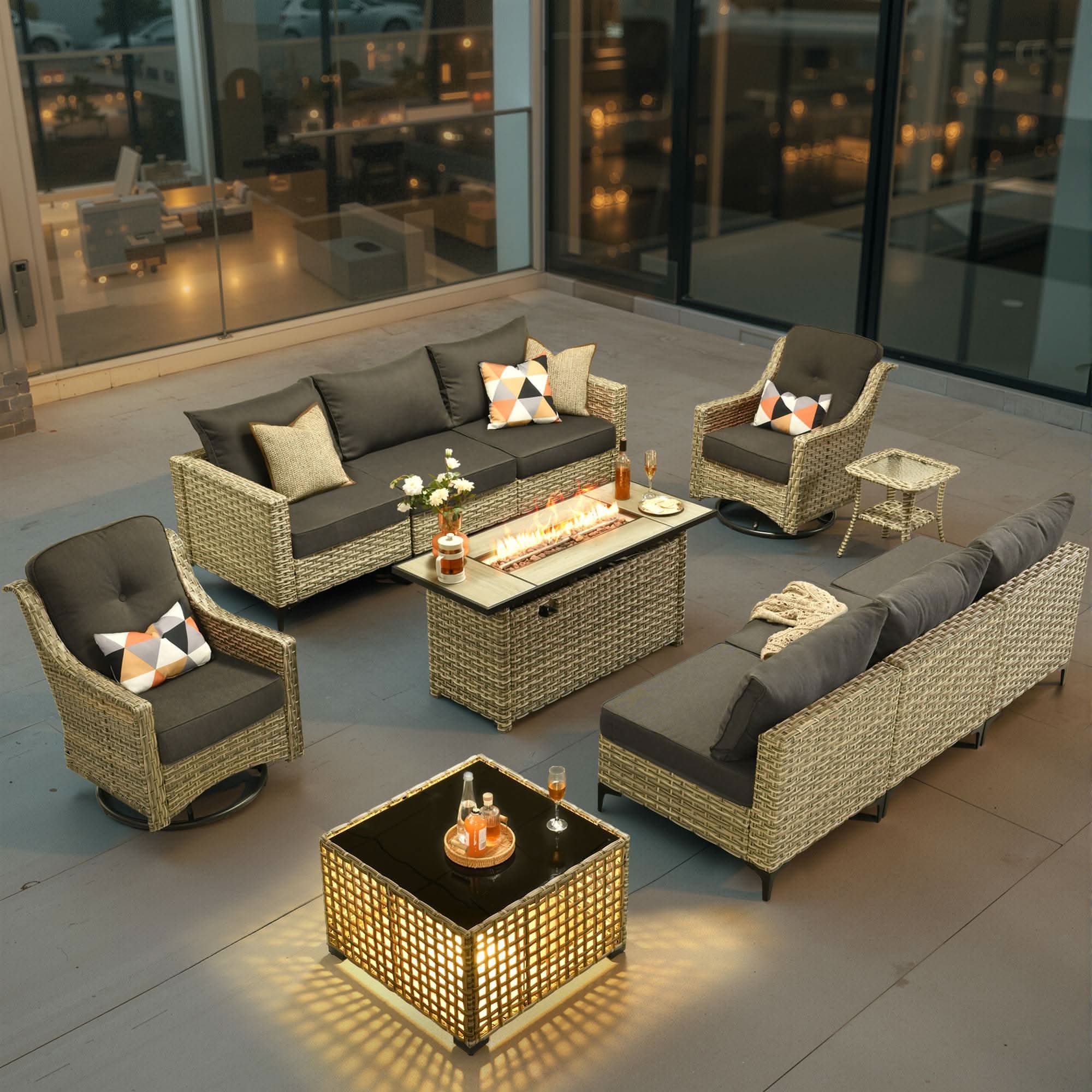 OVIOS Wicker Patio Conversation Set with Fire Pit Table