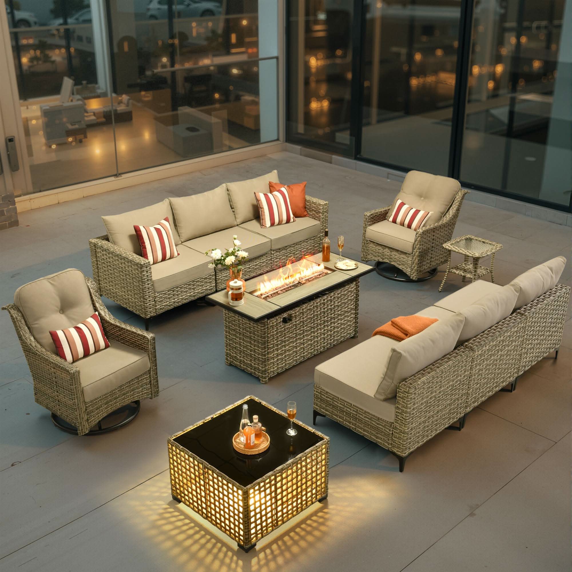 OVIOS Wicker Patio Conversation Set with Fire Pit Table