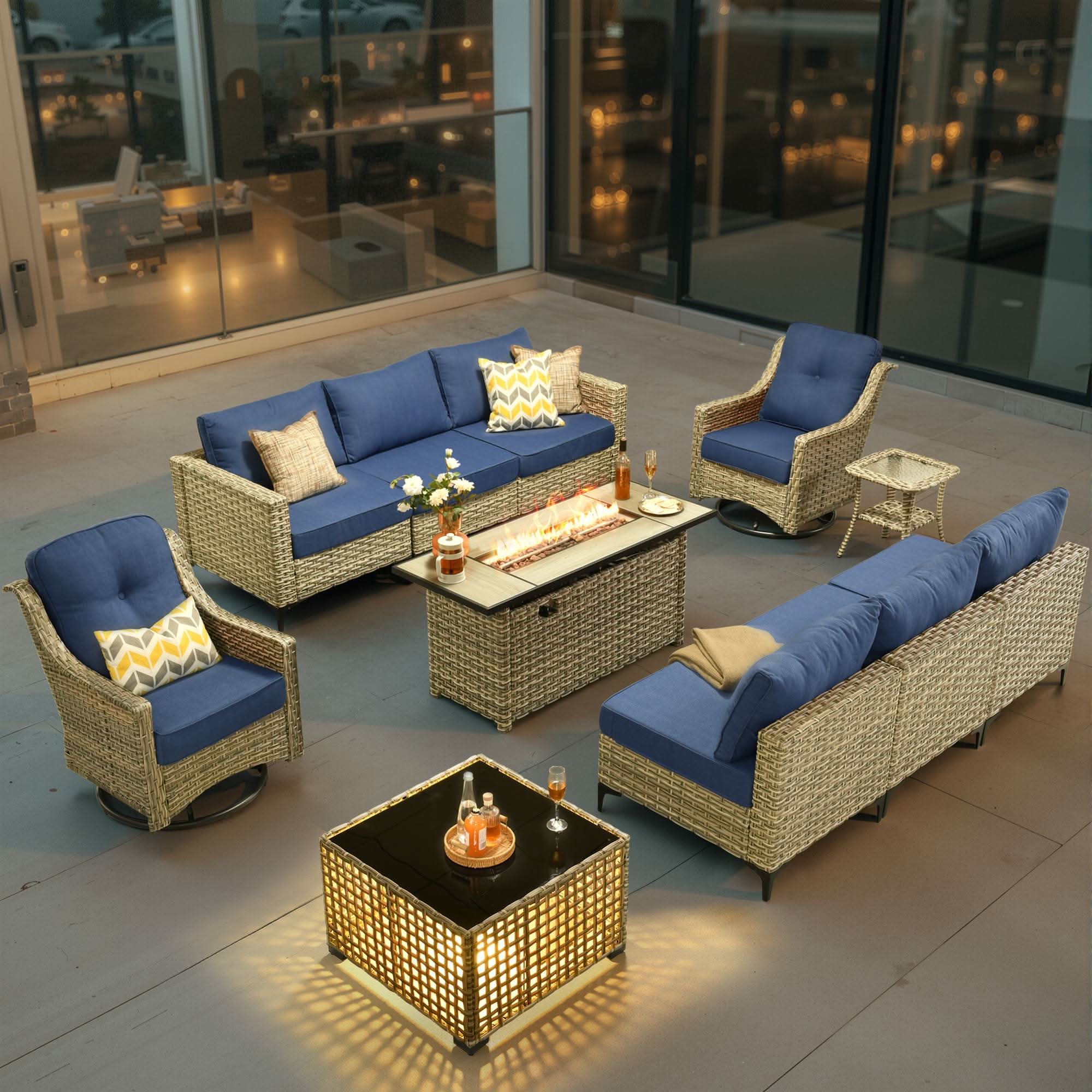 OVIOS Wicker Patio Conversation Set with Fire Pit Table