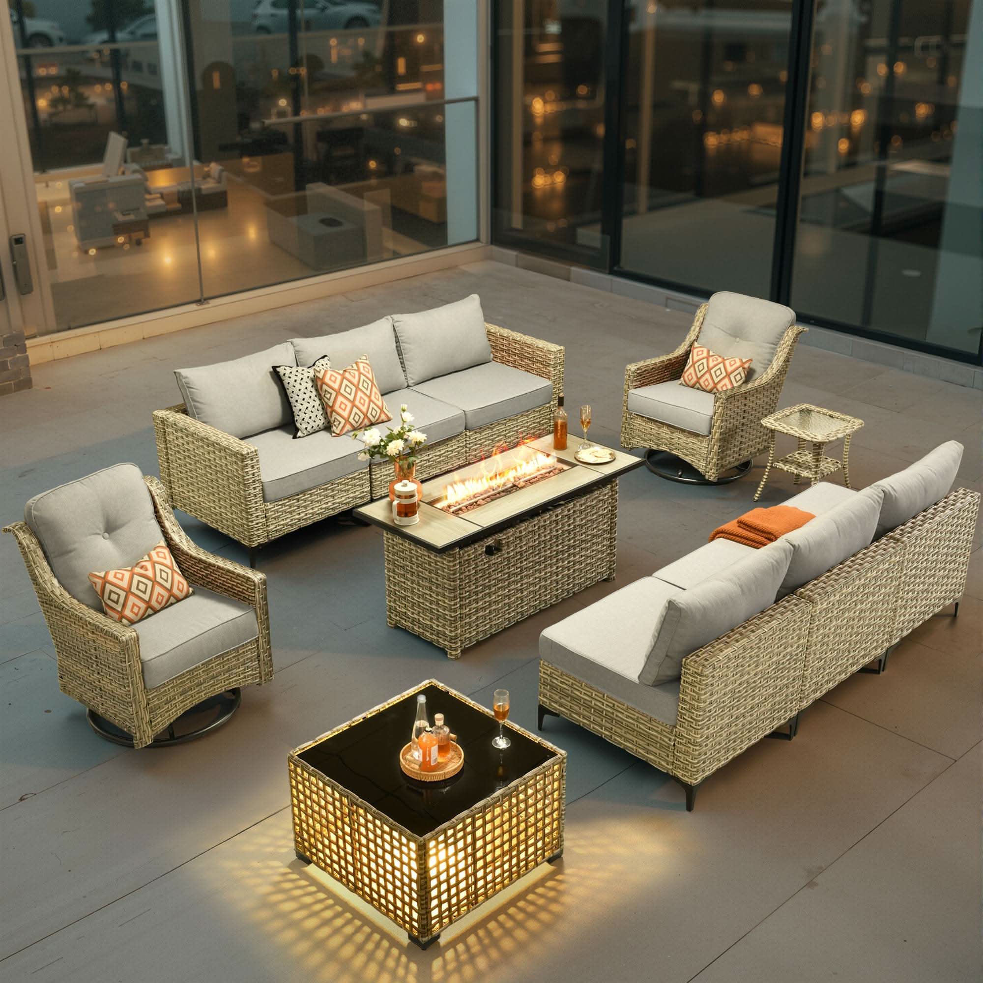 OVIOS Wicker Patio Conversation Set with Fire Pit Table
