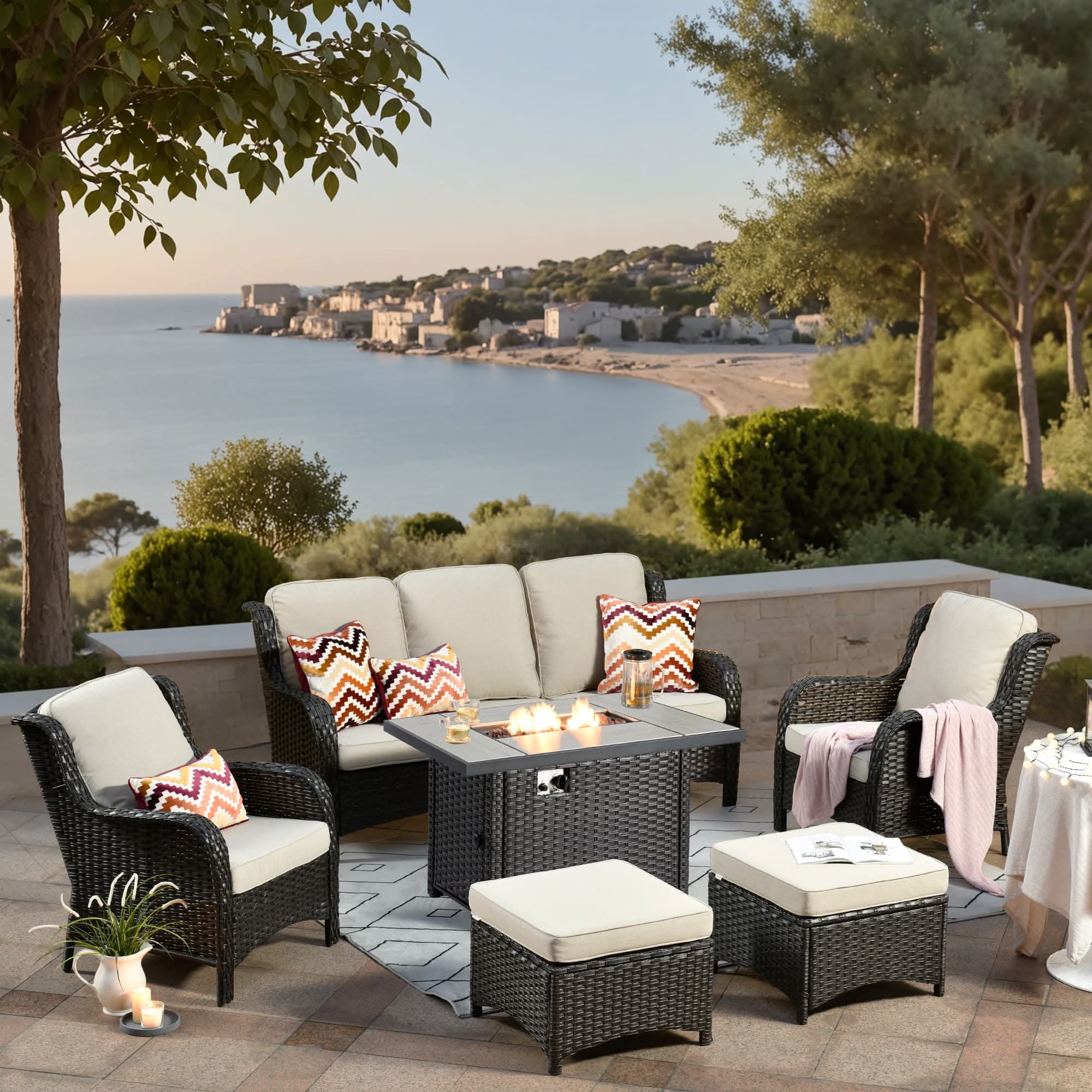 OVIOS Wicker Patio Fire Pit Conversation Seating Set