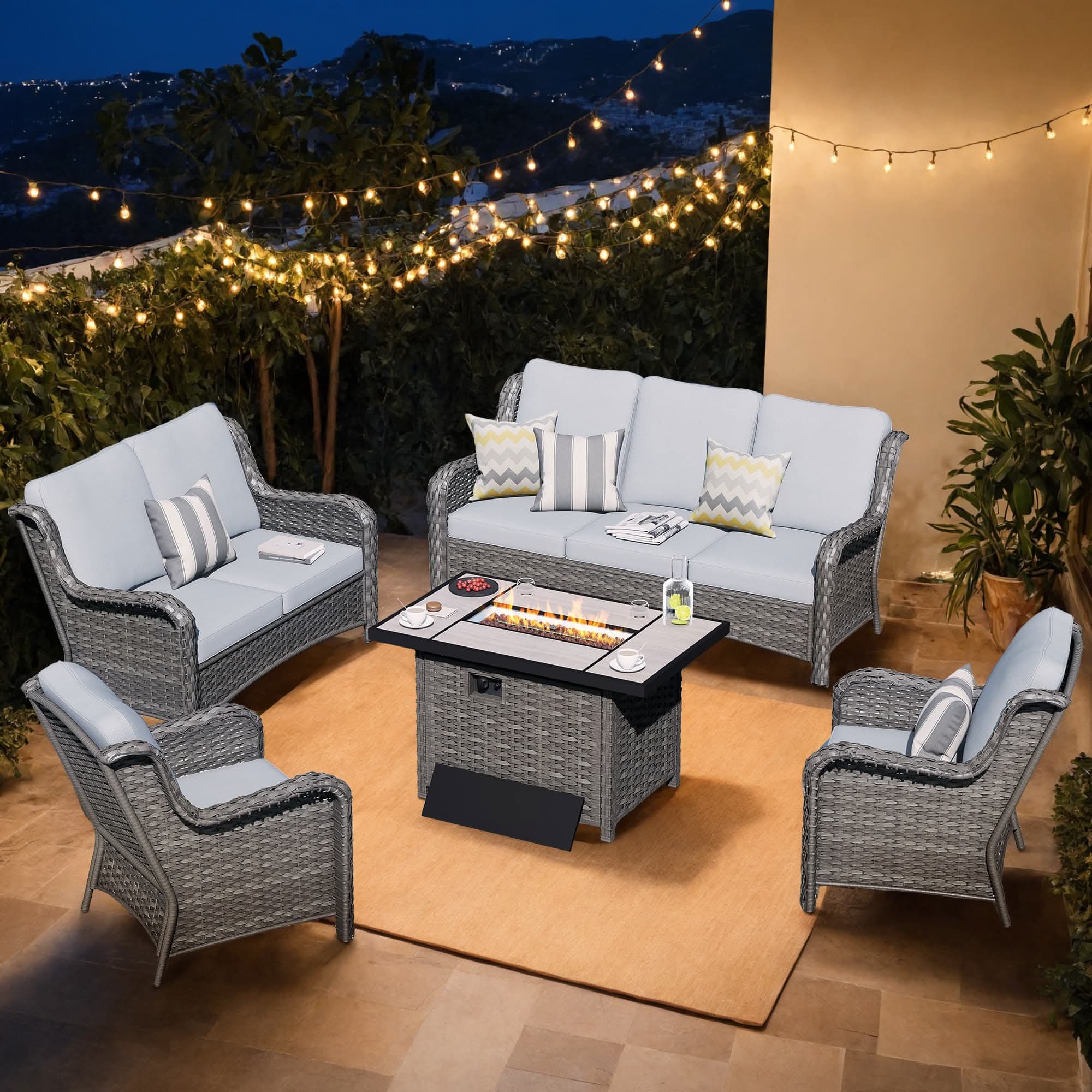 OVIOS Wicker Patio Fire Pit Conversation Seating Set