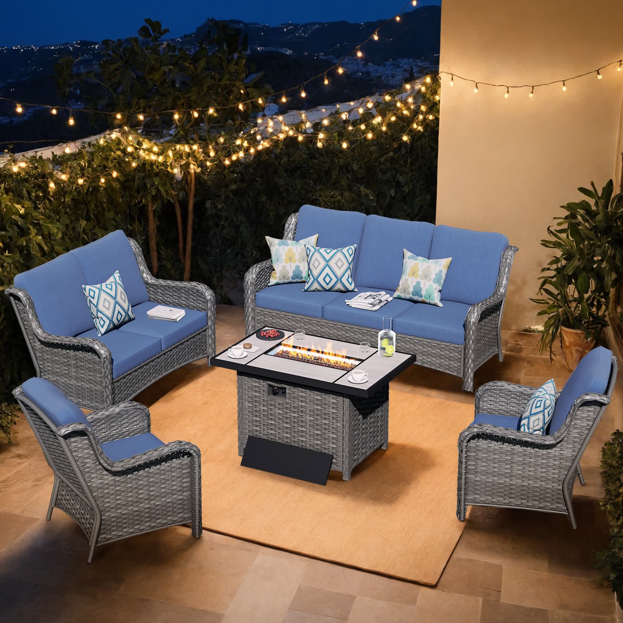 OVIOS Wicker Patio Fire Pit Conversation Seating Set
