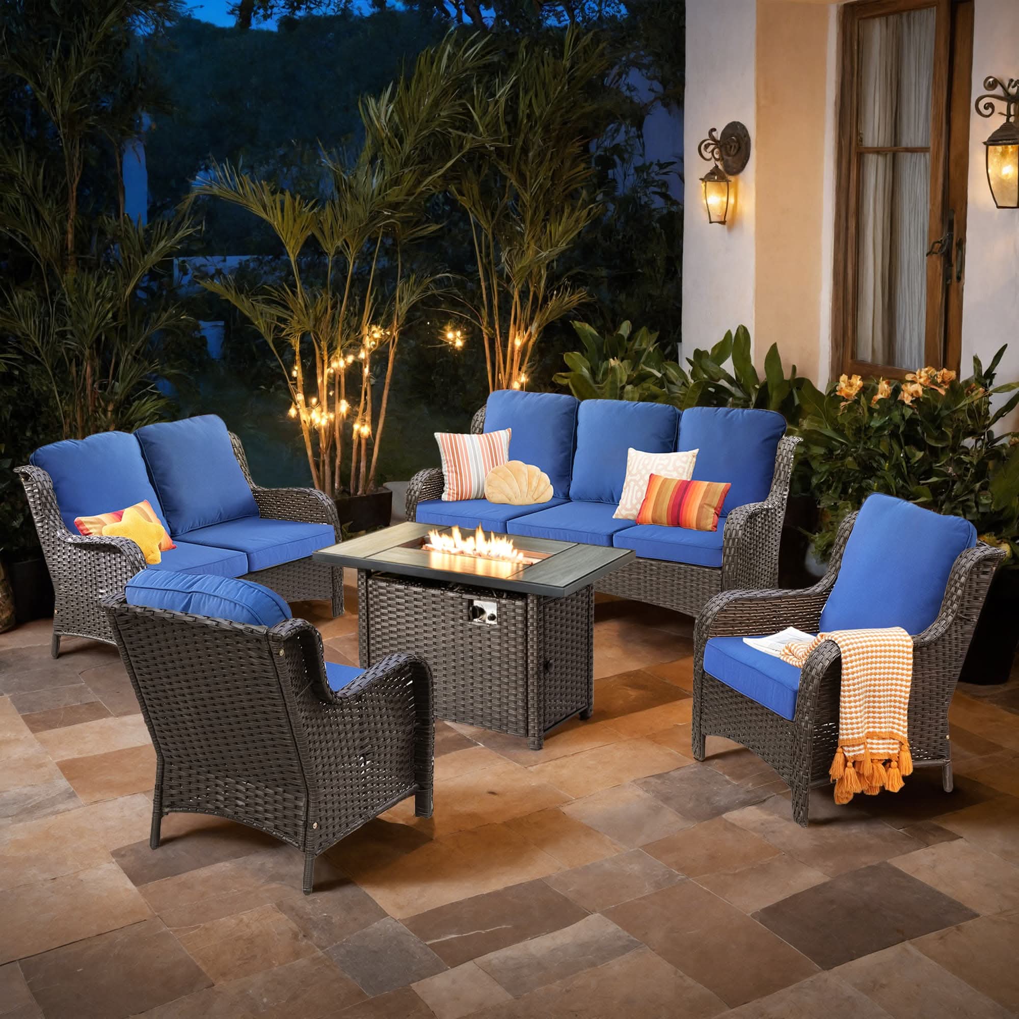OVIOS Wicker Patio Fire Pit Conversation Seating Set