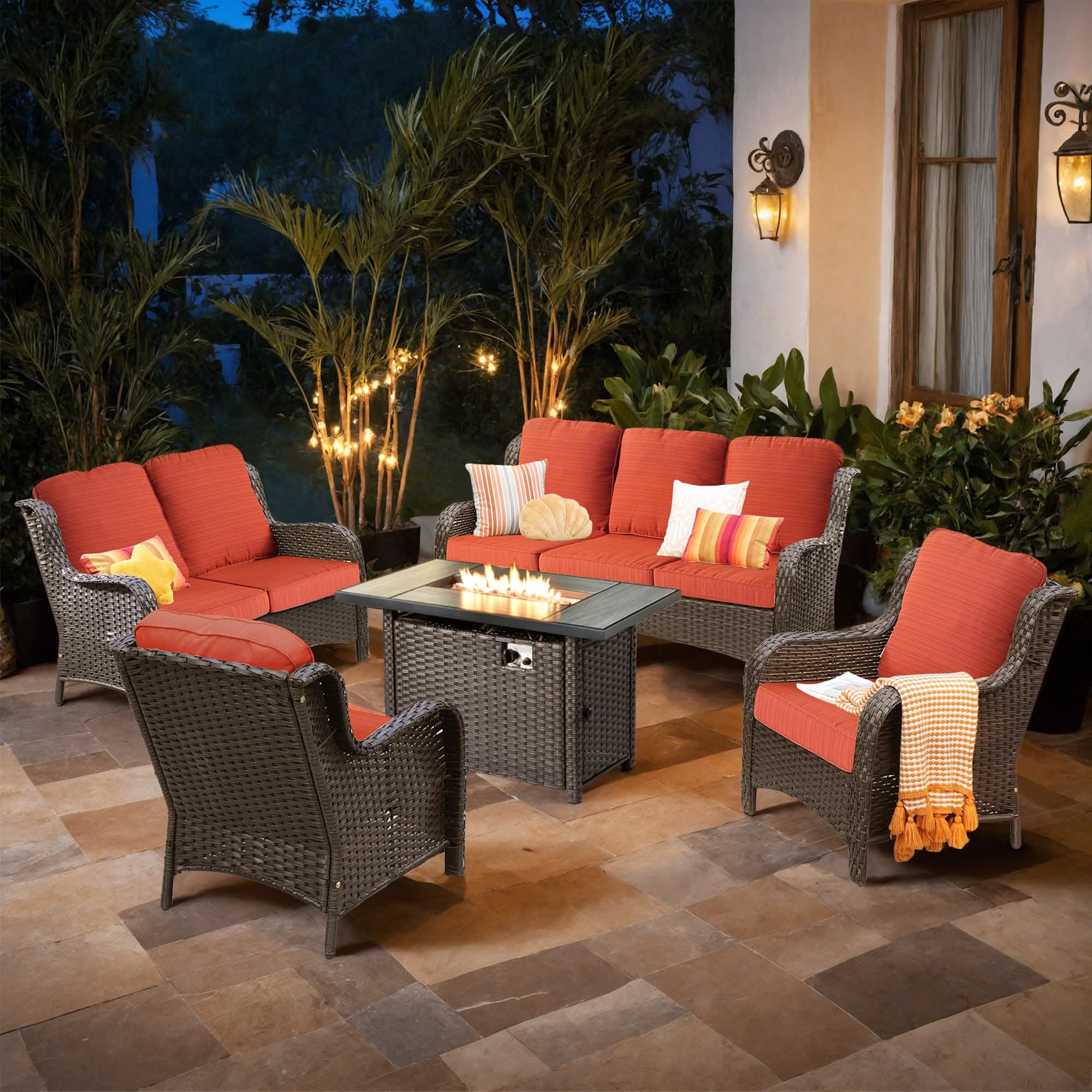 OVIOS Wicker Patio Fire Pit Conversation Seating Set