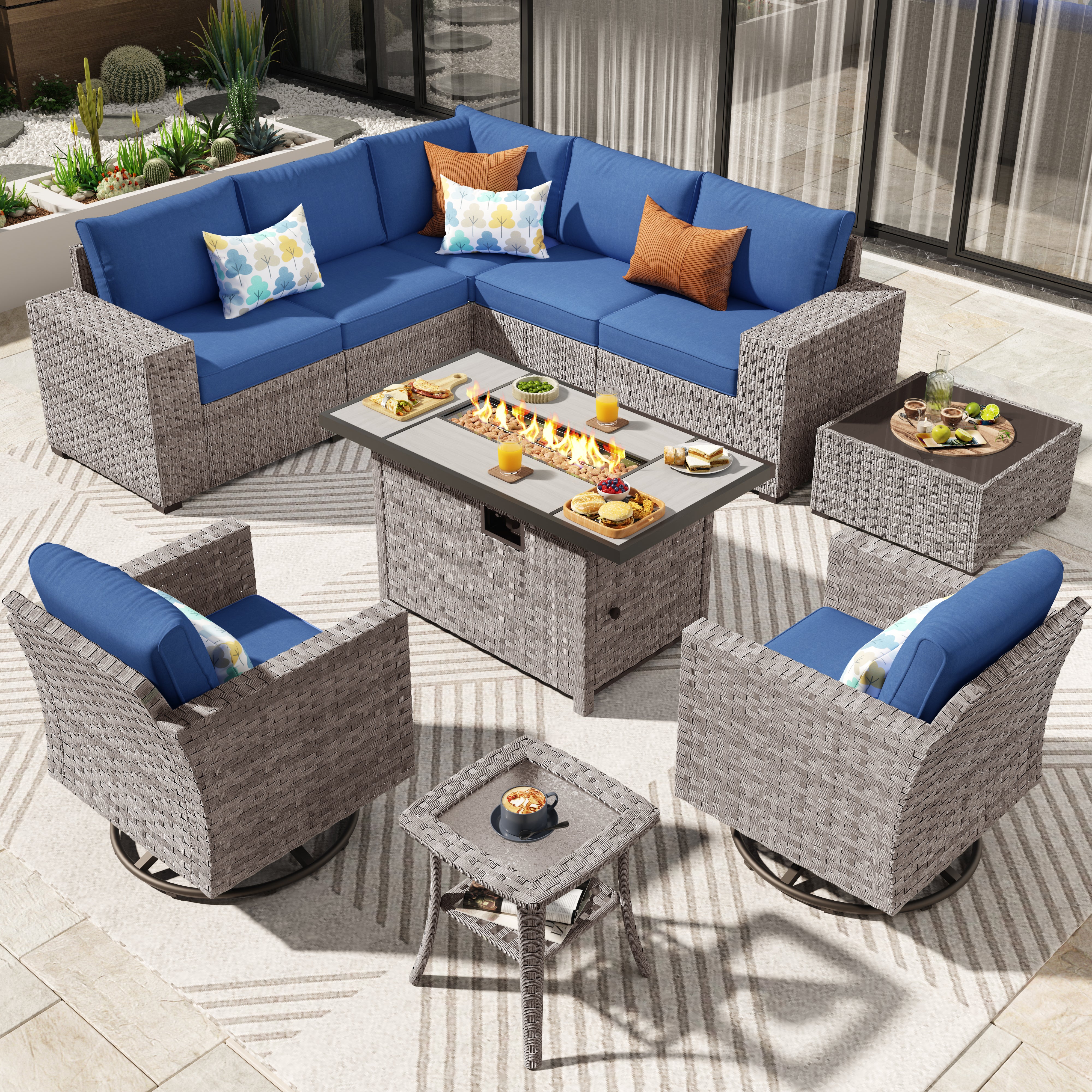 Ovios Outdoor Patio Furniture Set with Fire Pit Table and Chairs with Wide Armrests