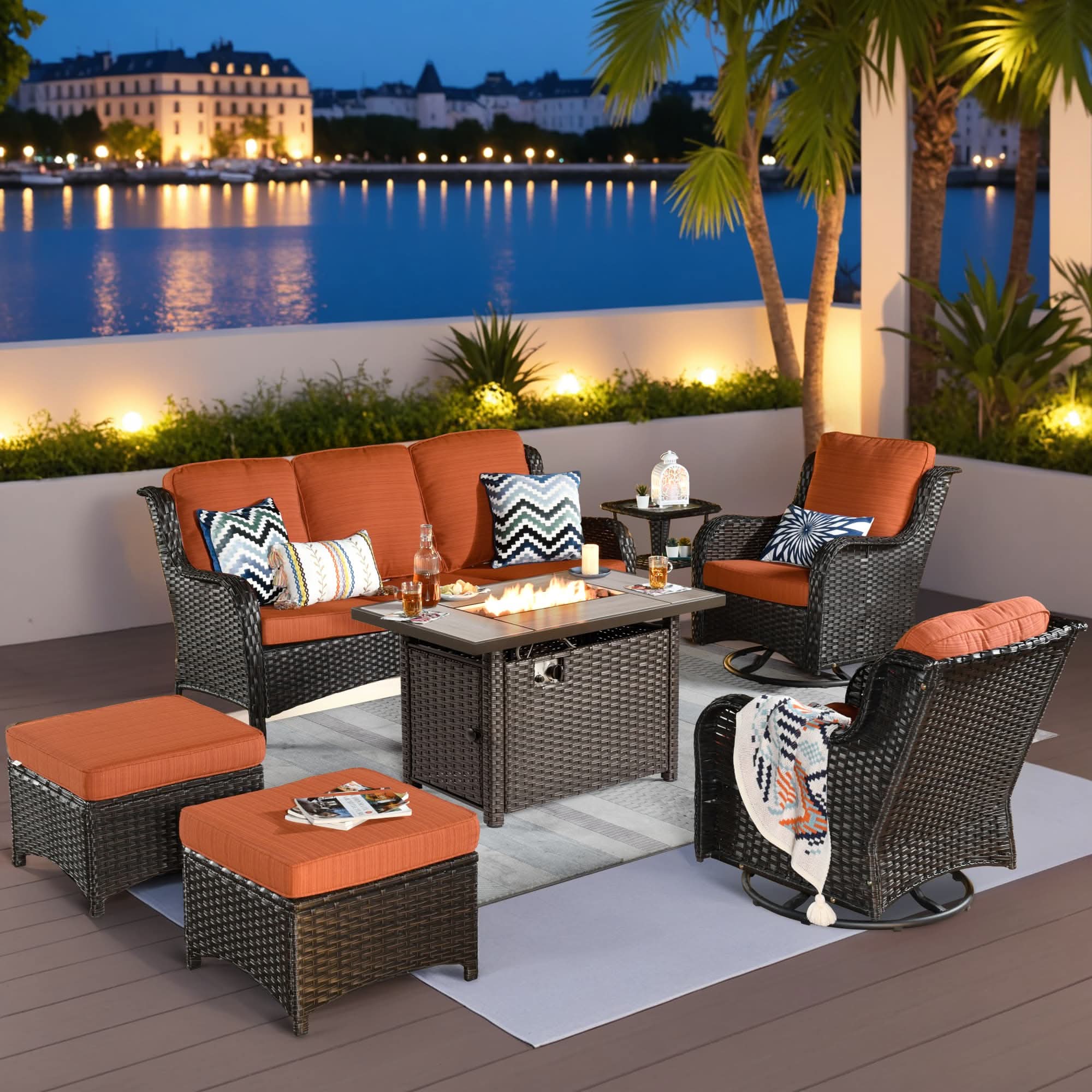 OVIOS Wicker Patio Fire Pit Conversation Seating Set