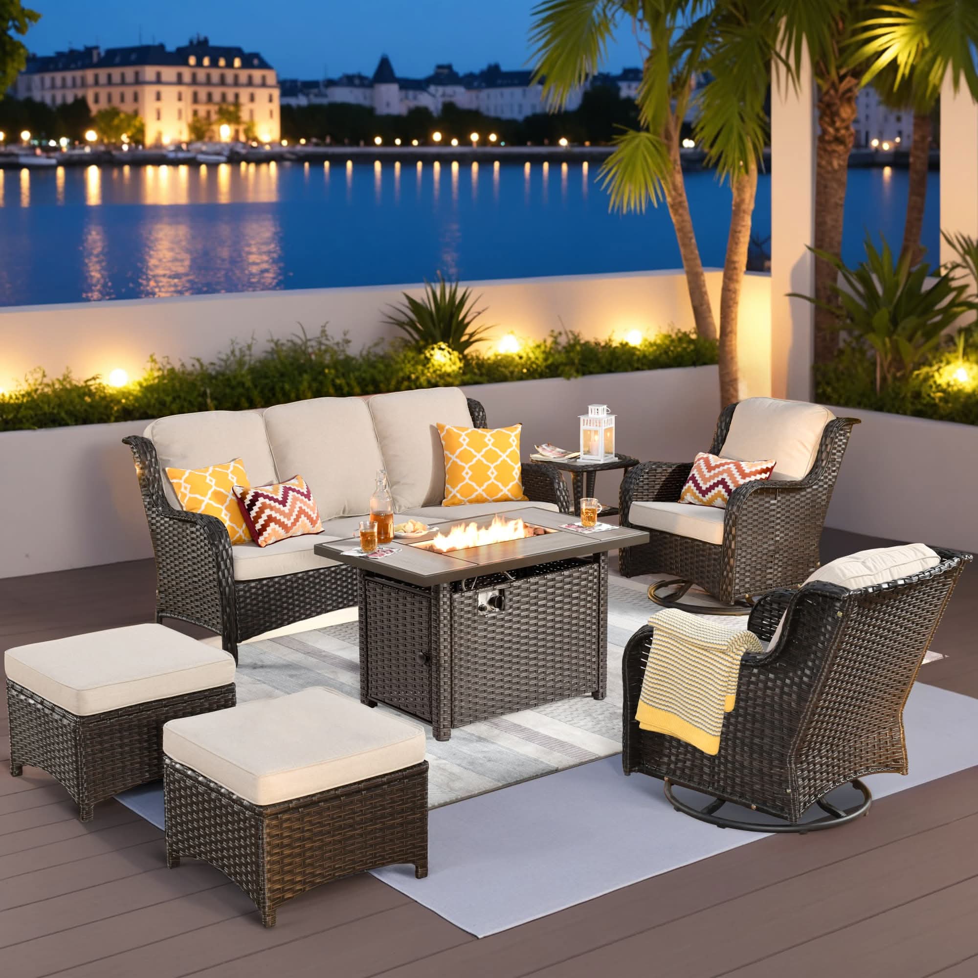 OVIOS Wicker Patio Fire Pit Conversation Seating Set