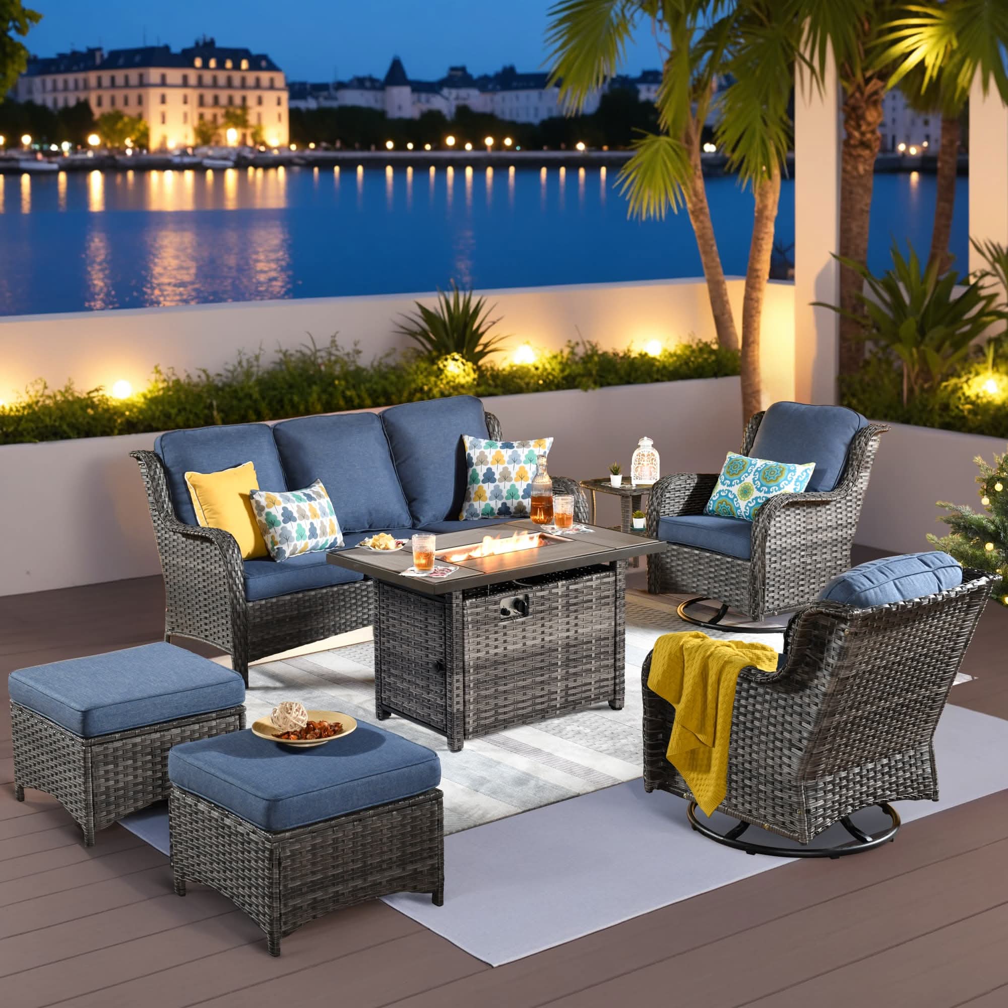 OVIOS Wicker Patio Fire Pit Conversation Seating Set