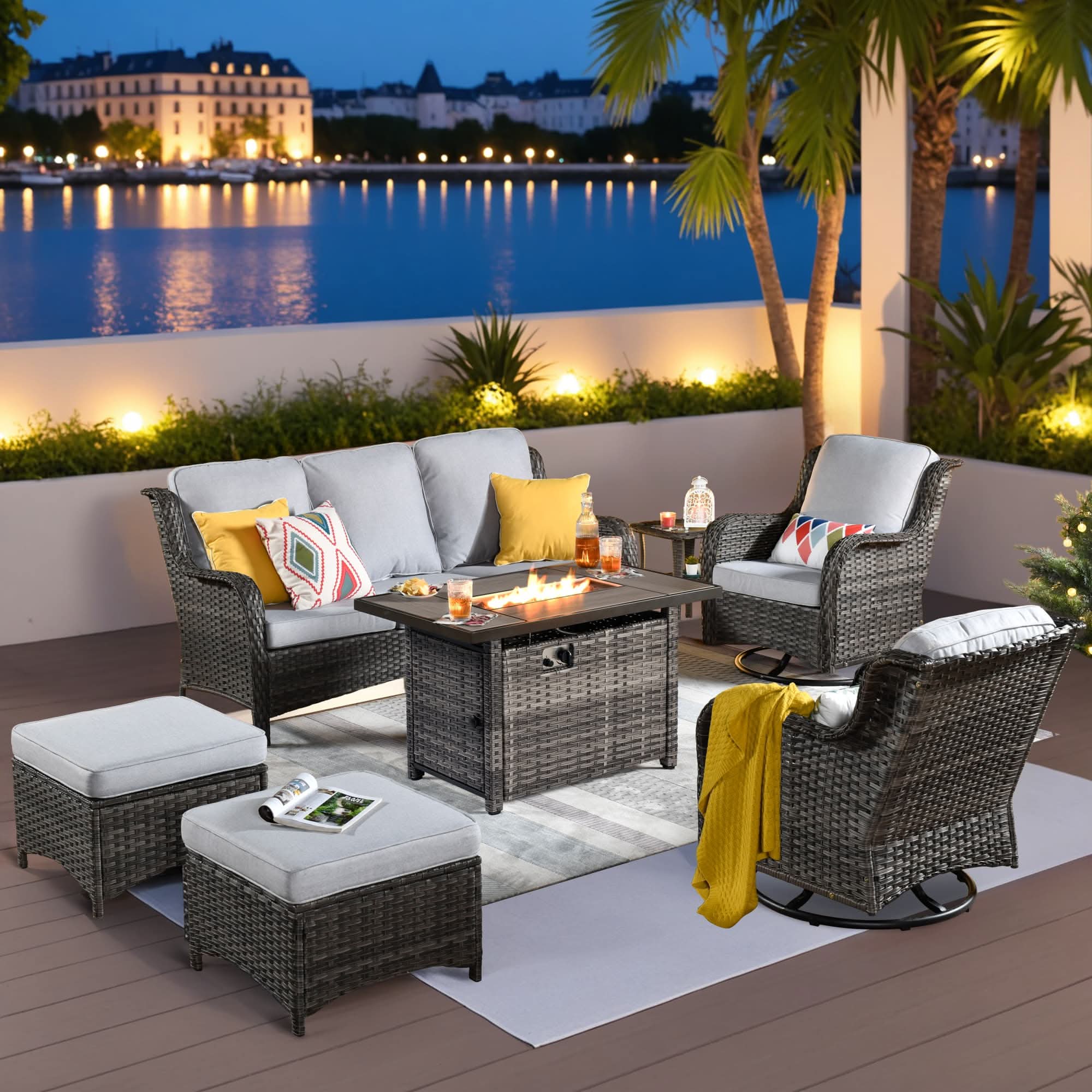 OVIOS Wicker Patio Fire Pit Conversation Seating Set