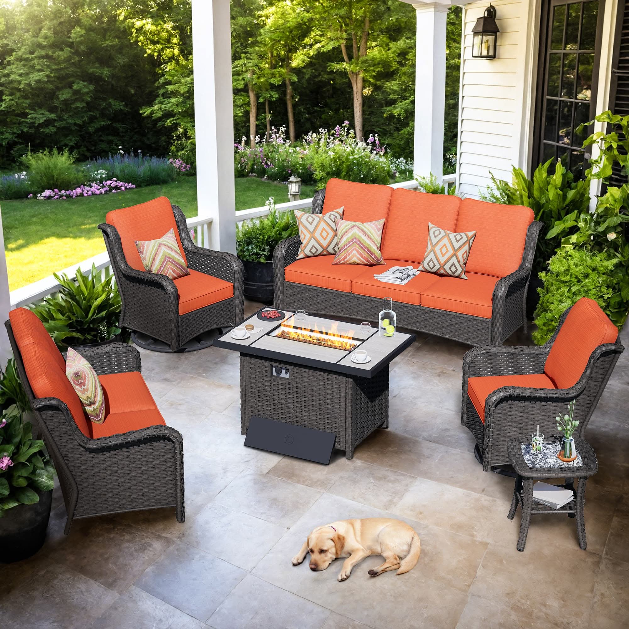 OVIOS Wicker Patio Fire Pit Conversation Seating Set