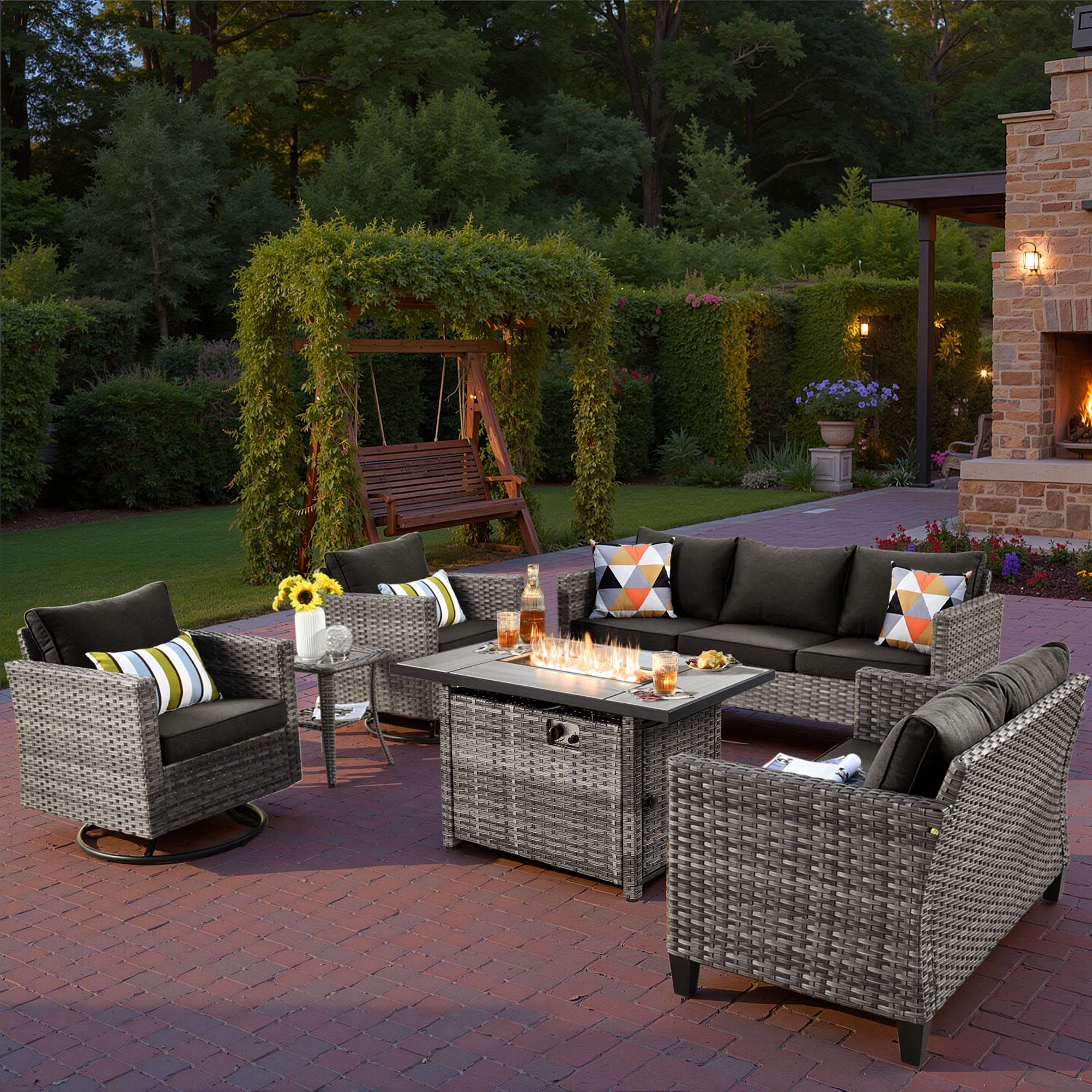 OVIOS Wicker Patio 6-Piece Set With 30'' Wicker Propane Fire Pit Table
