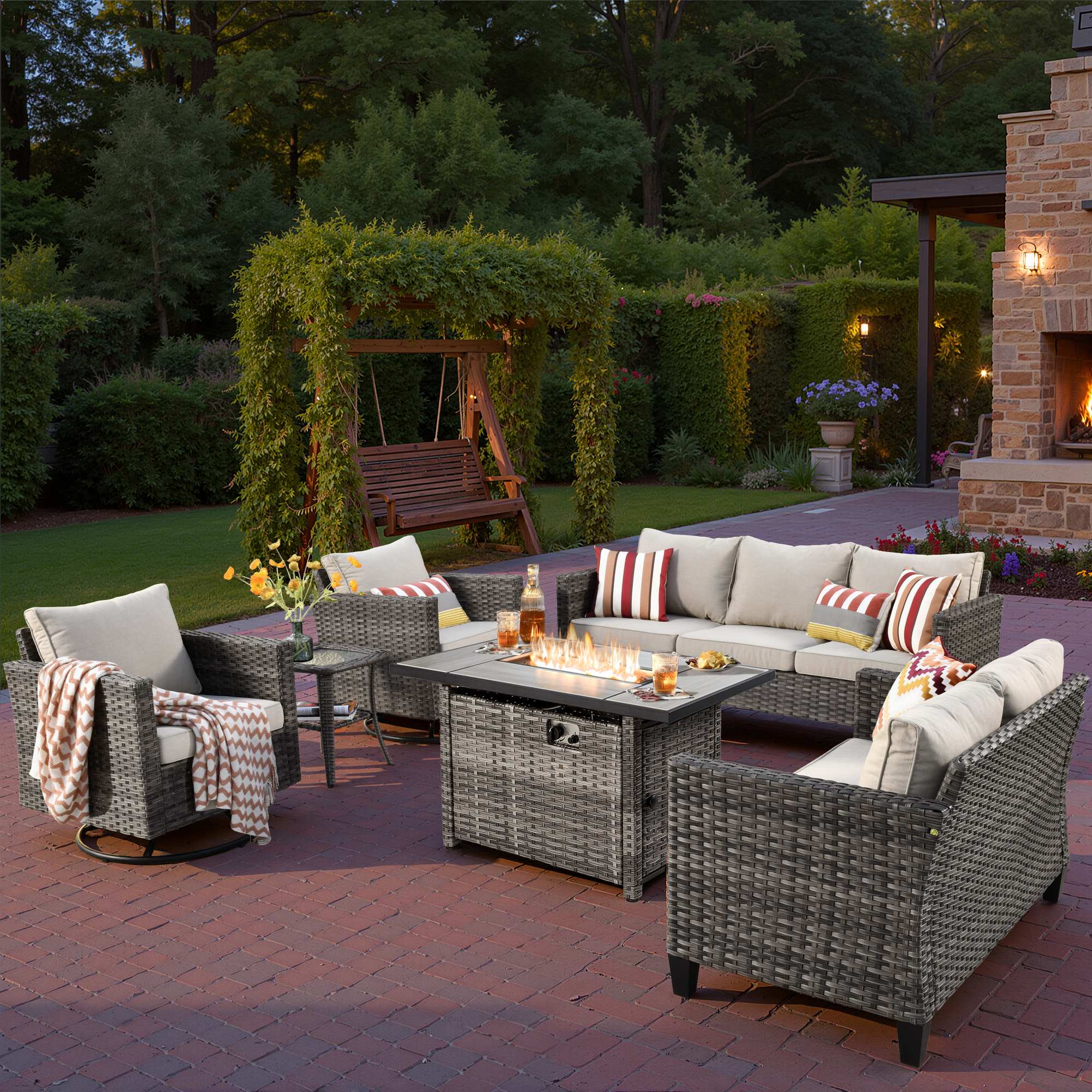 OVIOS Wicker Patio 6-Piece Set With 30'' Wicker Propane Fire Pit Table