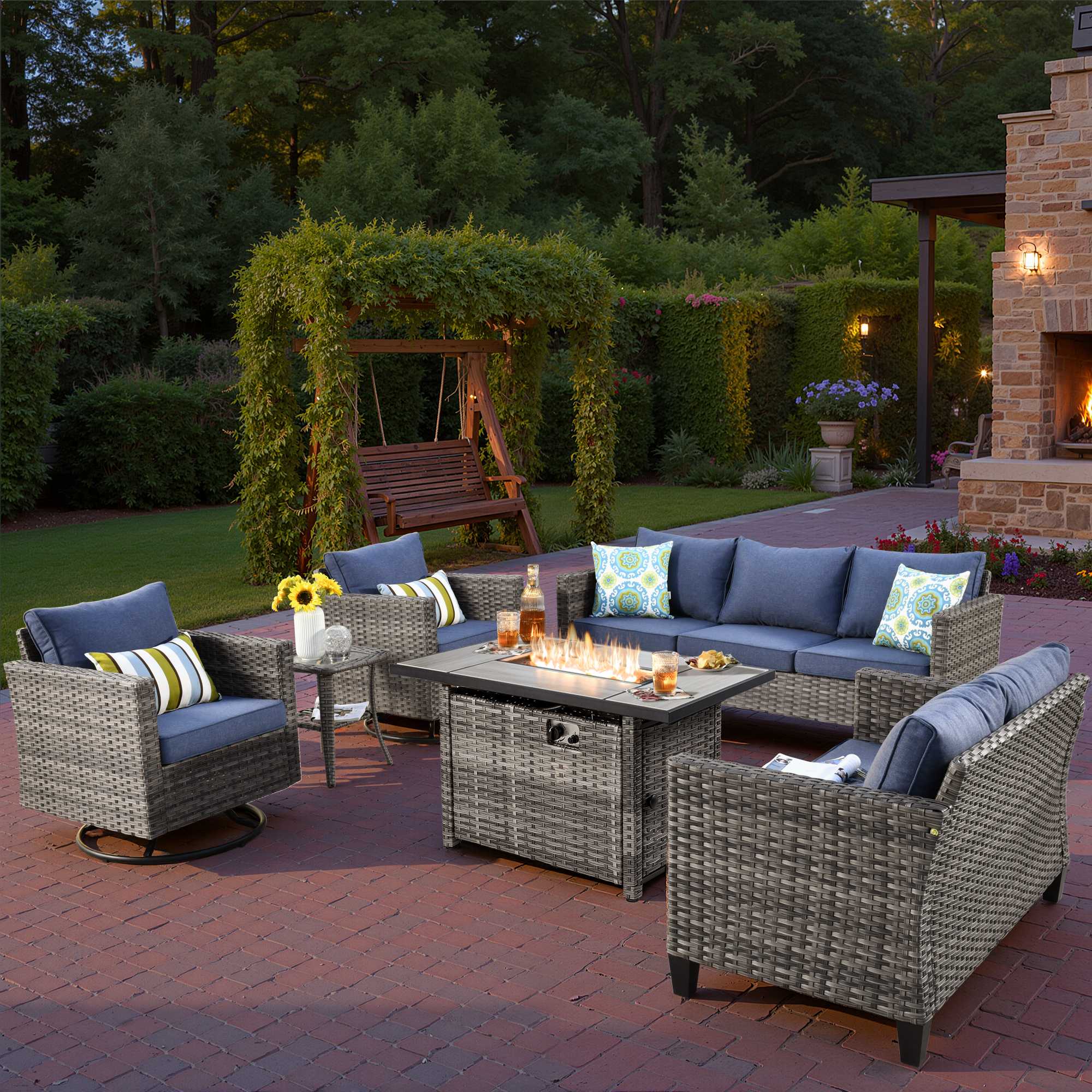 OVIOS Wicker Patio 6-Piece Set With 30'' Wicker Propane Fire Pit Table
