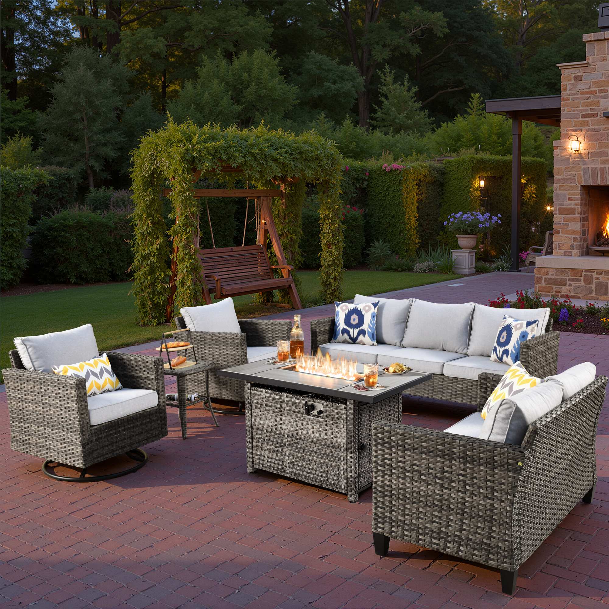 OVIOS Wicker Patio 6-Piece Set With 30'' Wicker Propane Fire Pit Table