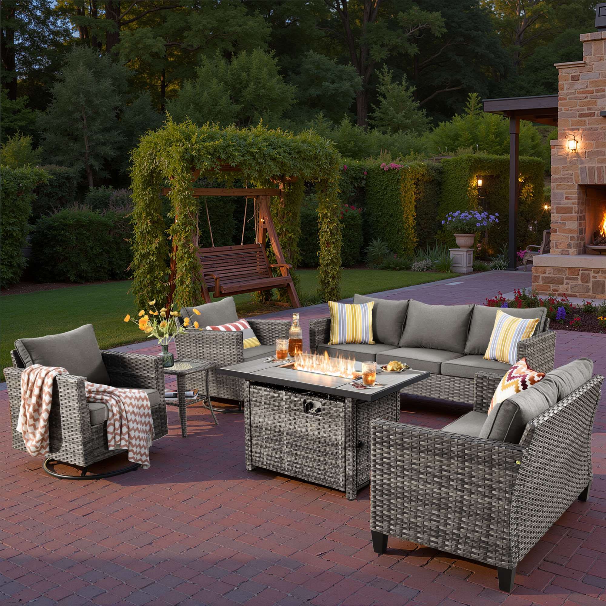 OVIOS Wicker Patio 6-Piece Set With 30'' Wicker Propane Fire Pit Table