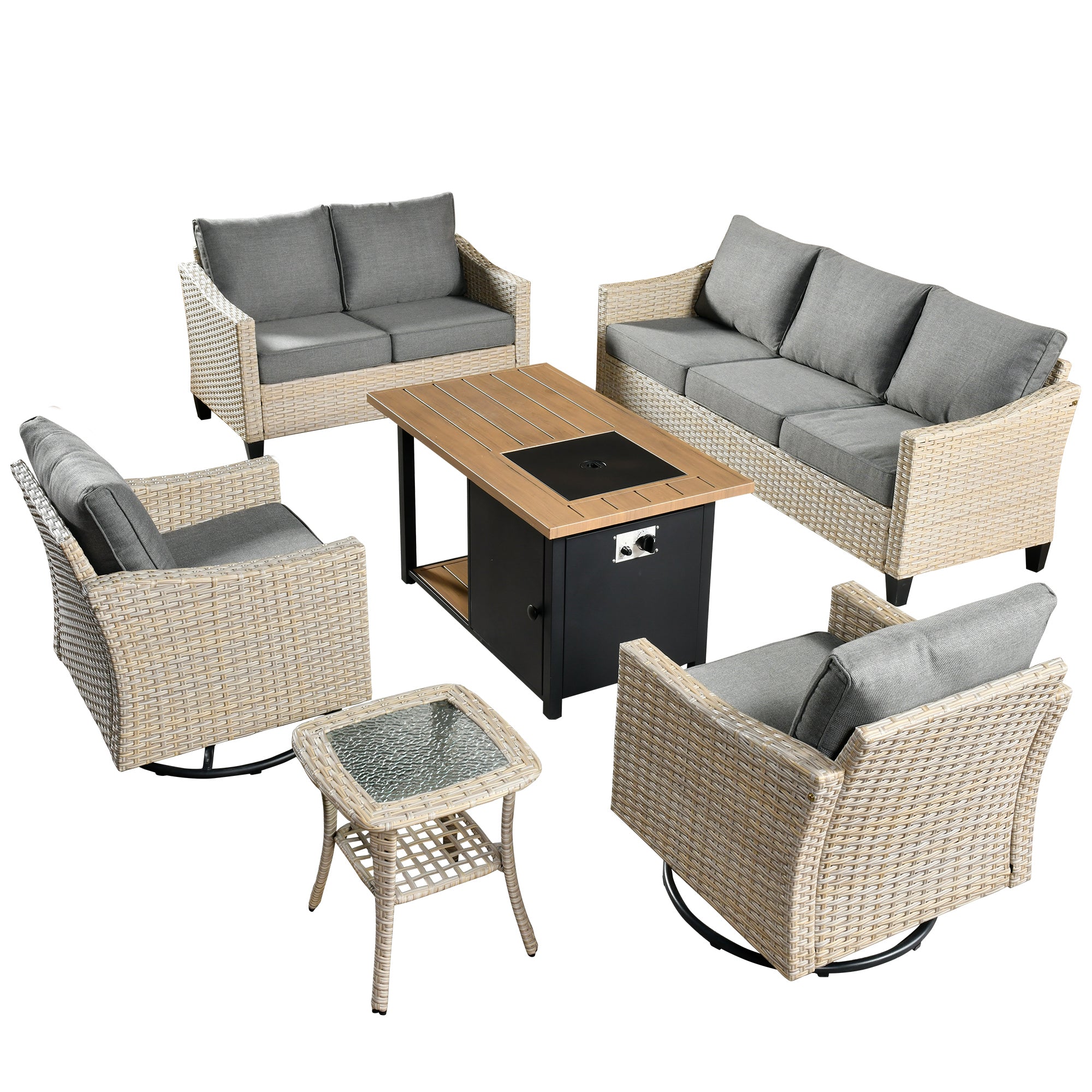 Ovios Athena Series Outdoor Furniture Sets 6-Piece include Swivel Chair & 46'' Fire Pit Table